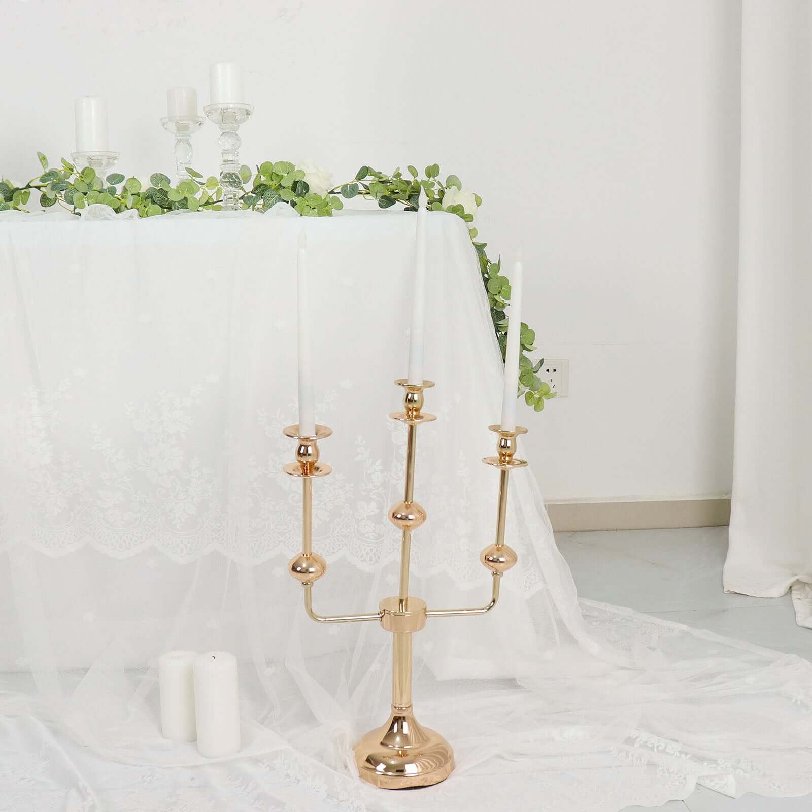 Gold Metal 3-Arm Candle Holder Table Centerpiece 20" Candelabra - Taper Candlestick Stand - Image 6