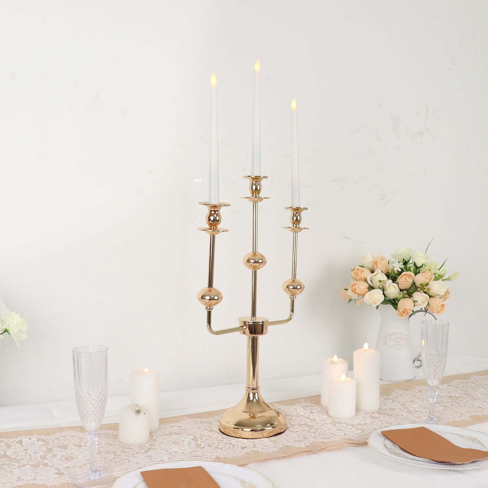 Gold Metal 3-Arm Candle Holder Table Centerpiece 20" Candelabra - Taper Candlestick Stand - Image 8