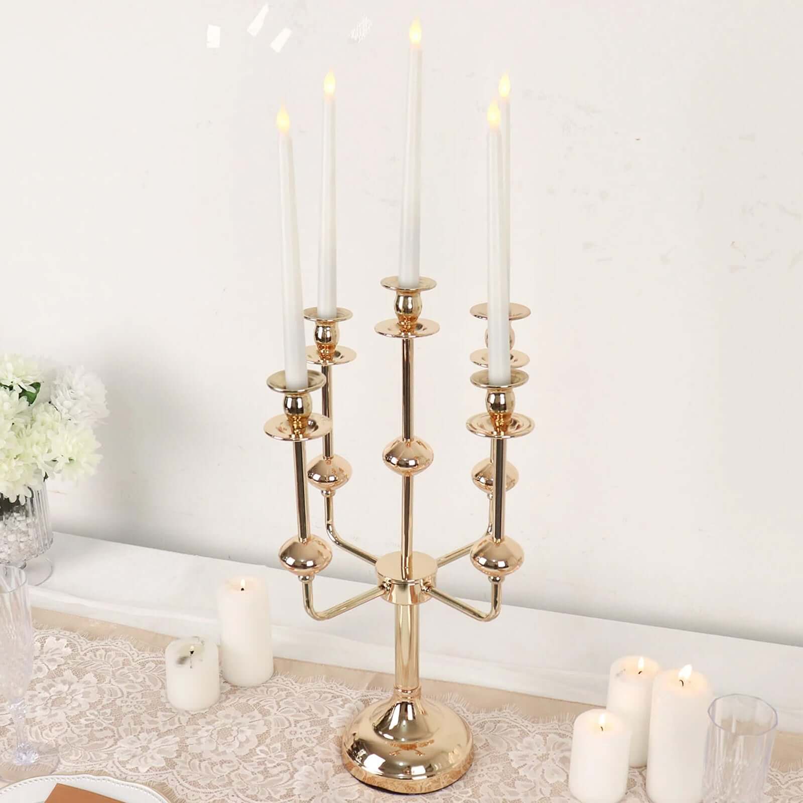 Gold Metal 5-Arm Candle Holder Table Centerpiece 20" Candelabra - Taper Candlestick Stand