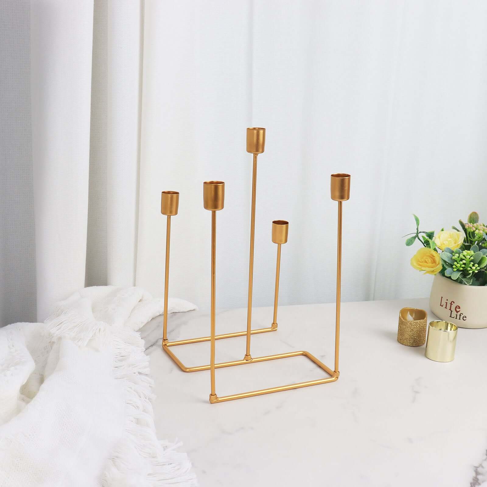 Gold Metal 5-Arm Taper Candle Holder 12", Geometric Candelabra Design - Perfect for Weddings and Party Tables - Image 2