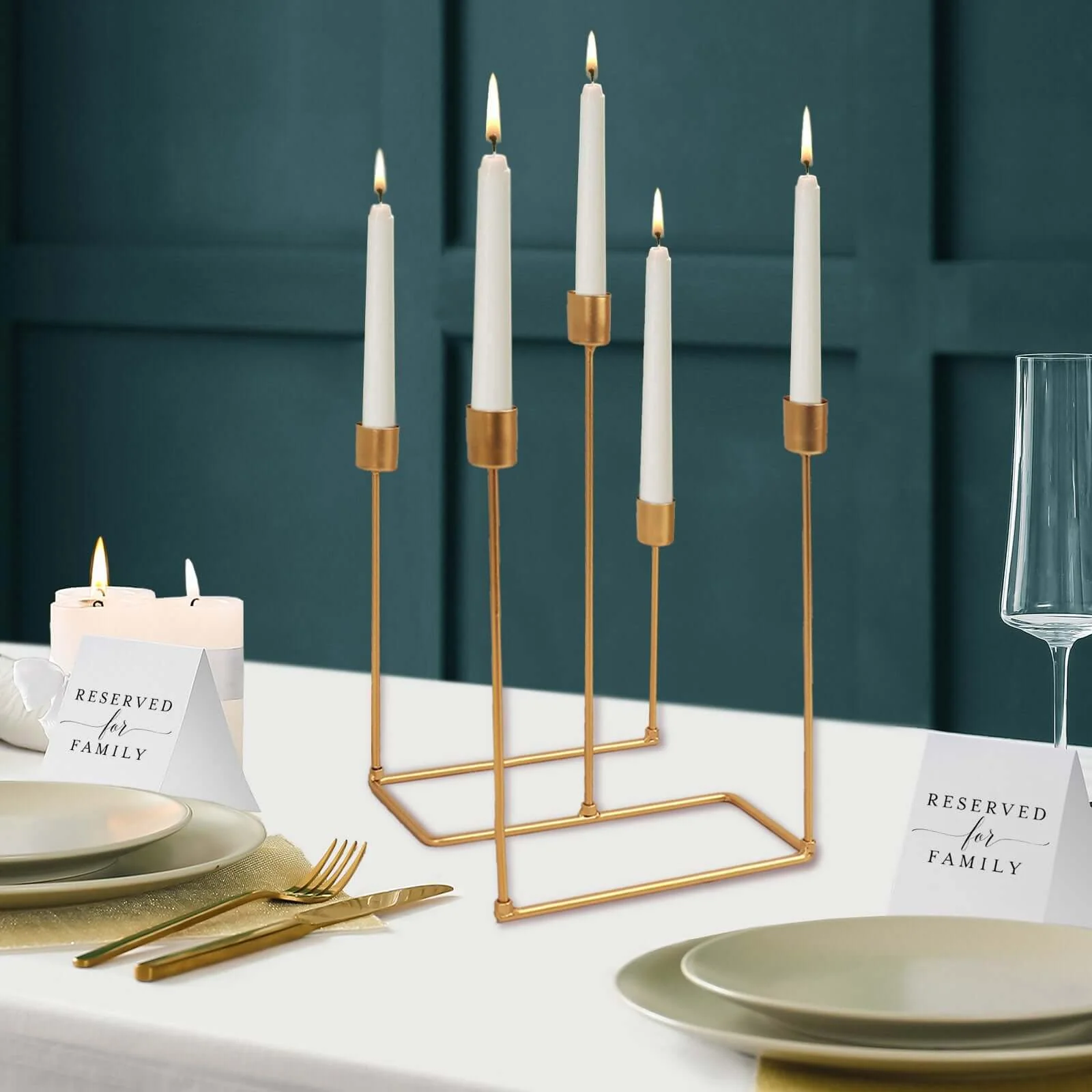Gold Metal 5-Arm Taper Candle Holder 12", Geometric Candelabra Design - Perfect for Weddings and Party Tables - Image 5