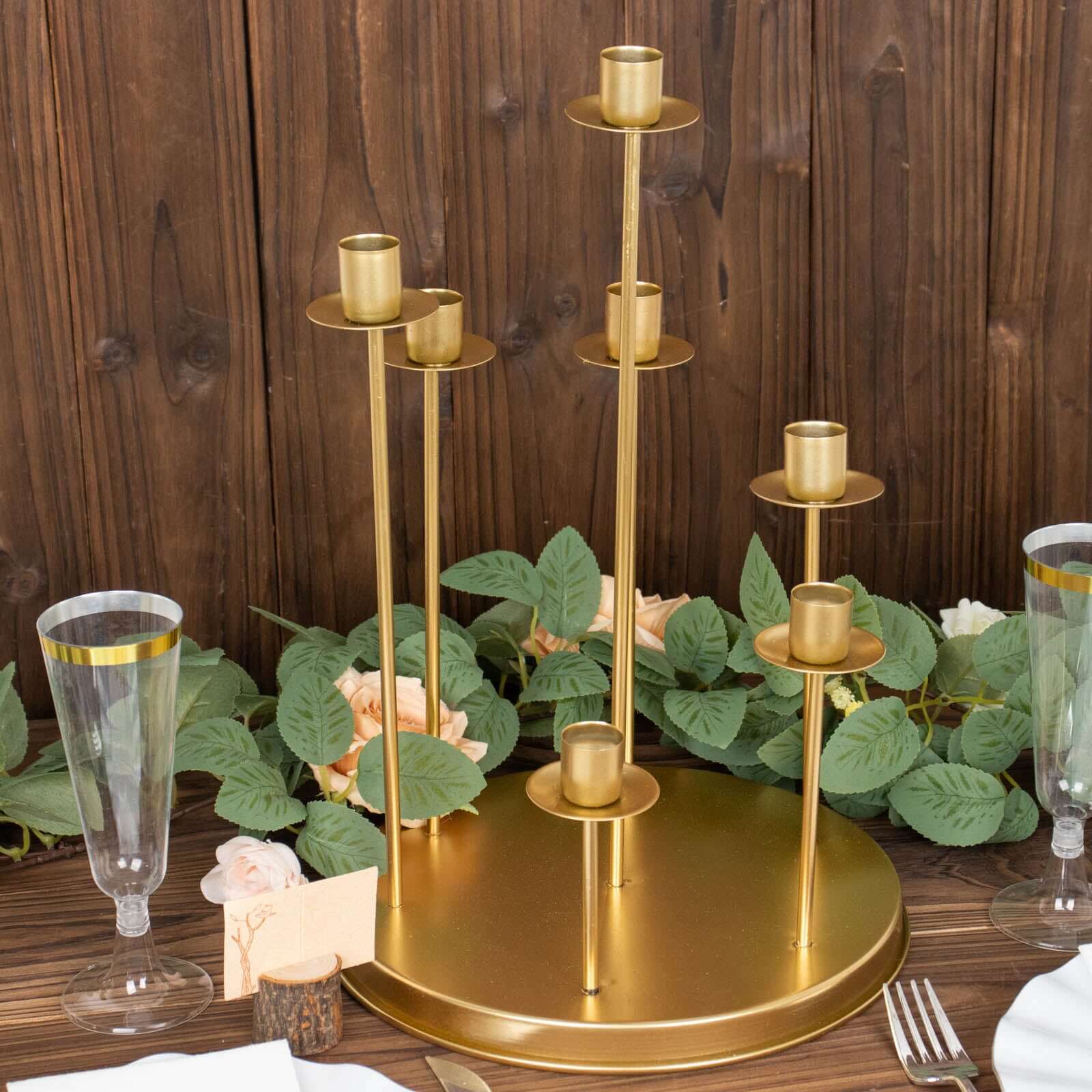 Gold Metal 7-Arm Taper Candle Holder Centerpiece 15" Round Wedding Table Candelabra - Cluster Design - Image 2