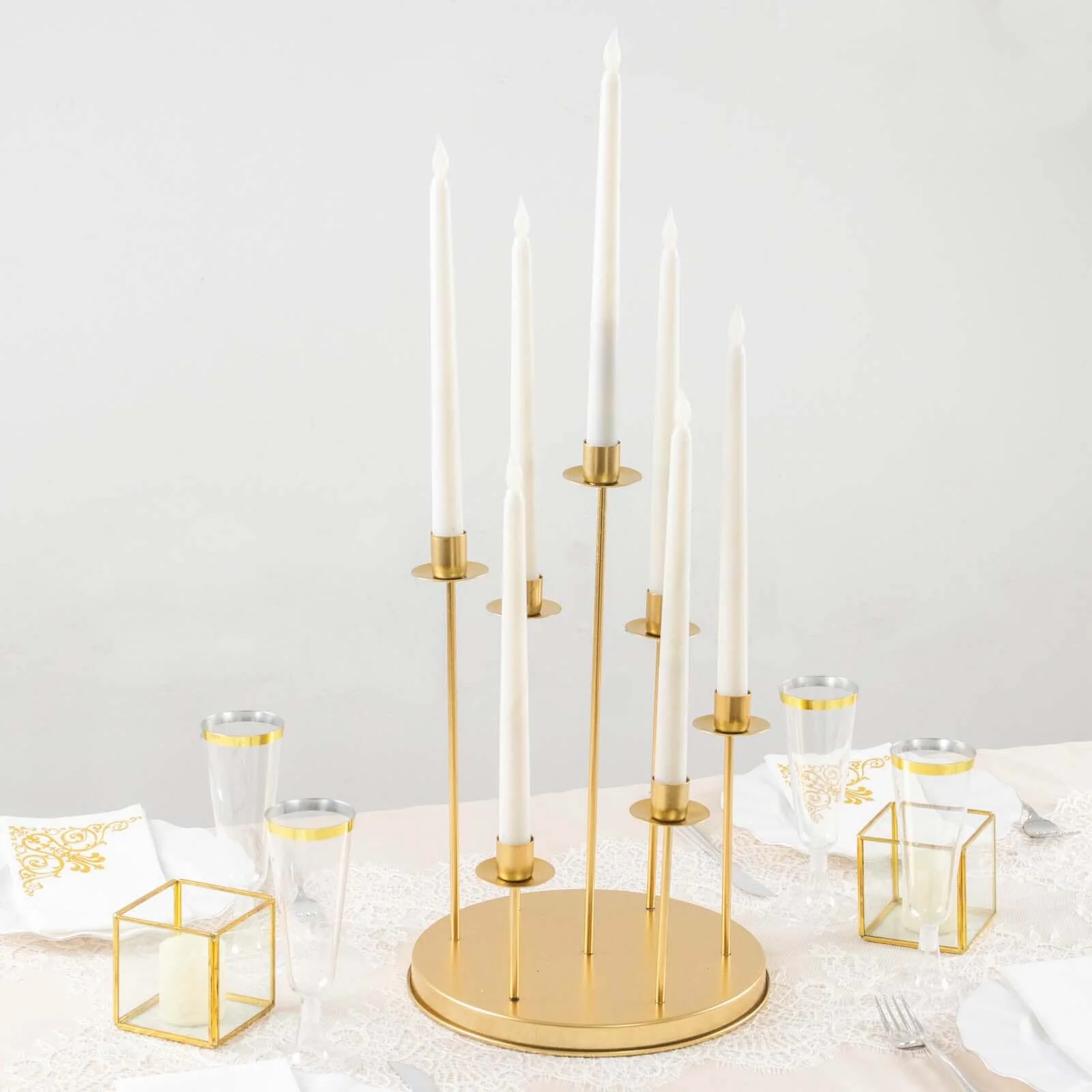 Gold Metal 7-Arm Taper Candle Holder Centerpiece 15" Round Wedding Table Candelabra - Cluster Design - Image 5