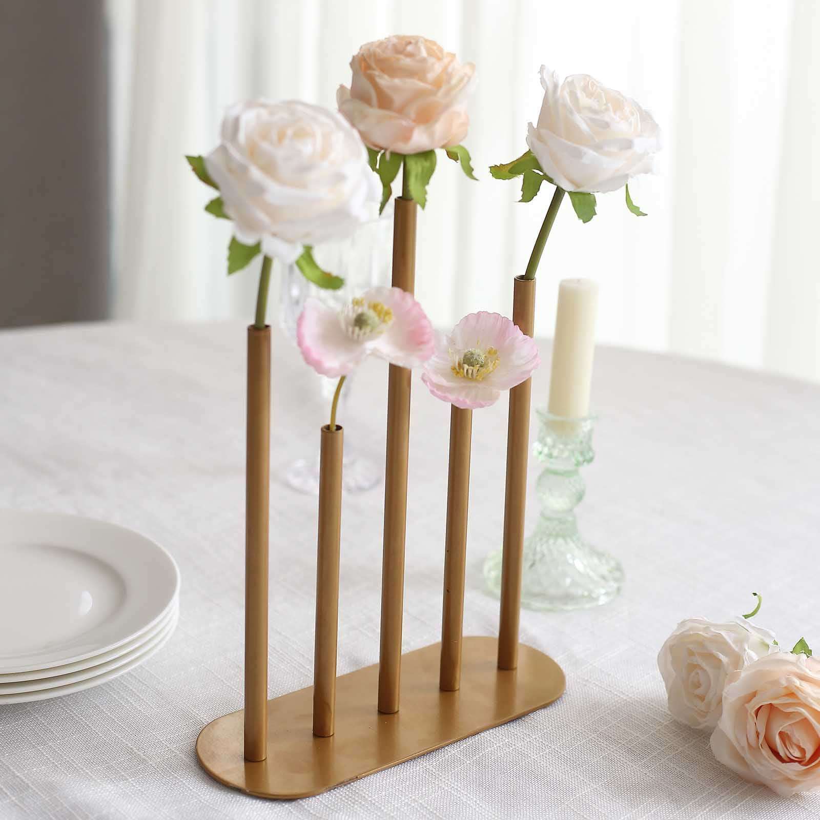 Gold Metal Bud Vase Centerpiece 10" Minimalist Design with 5-Tubes - Single Stem Flower Vase - Image 4