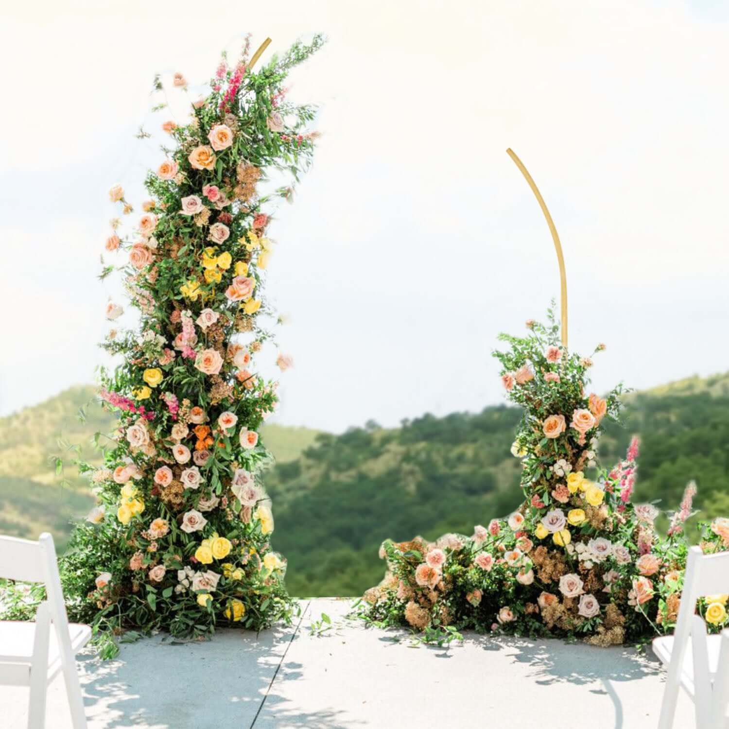 Set of 2 Gold Metal Curved Top Wedding Arch Frames, Balloon Flower Backdrop Stands 6ft, 8ft - Image 2