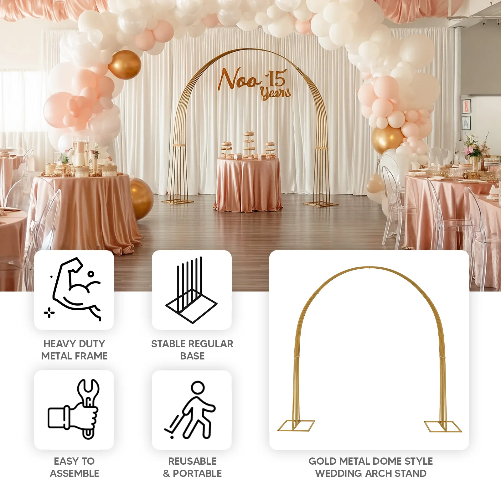 Gold Metal Dome Wedding Arch, Heavy-Duty Backdrop Stand 3D Floral Balloon Frame - 8ft - Image 4