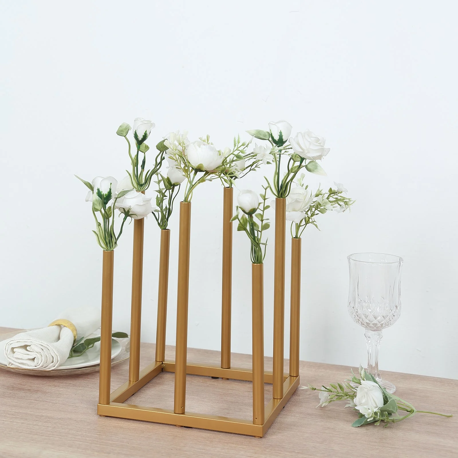 Gold Metal Flower Vase Centerpiece 10" 8-Tubes Minimalist Square Base Design - Single Stem Bud Vase for Floral Arrangements - Image 5