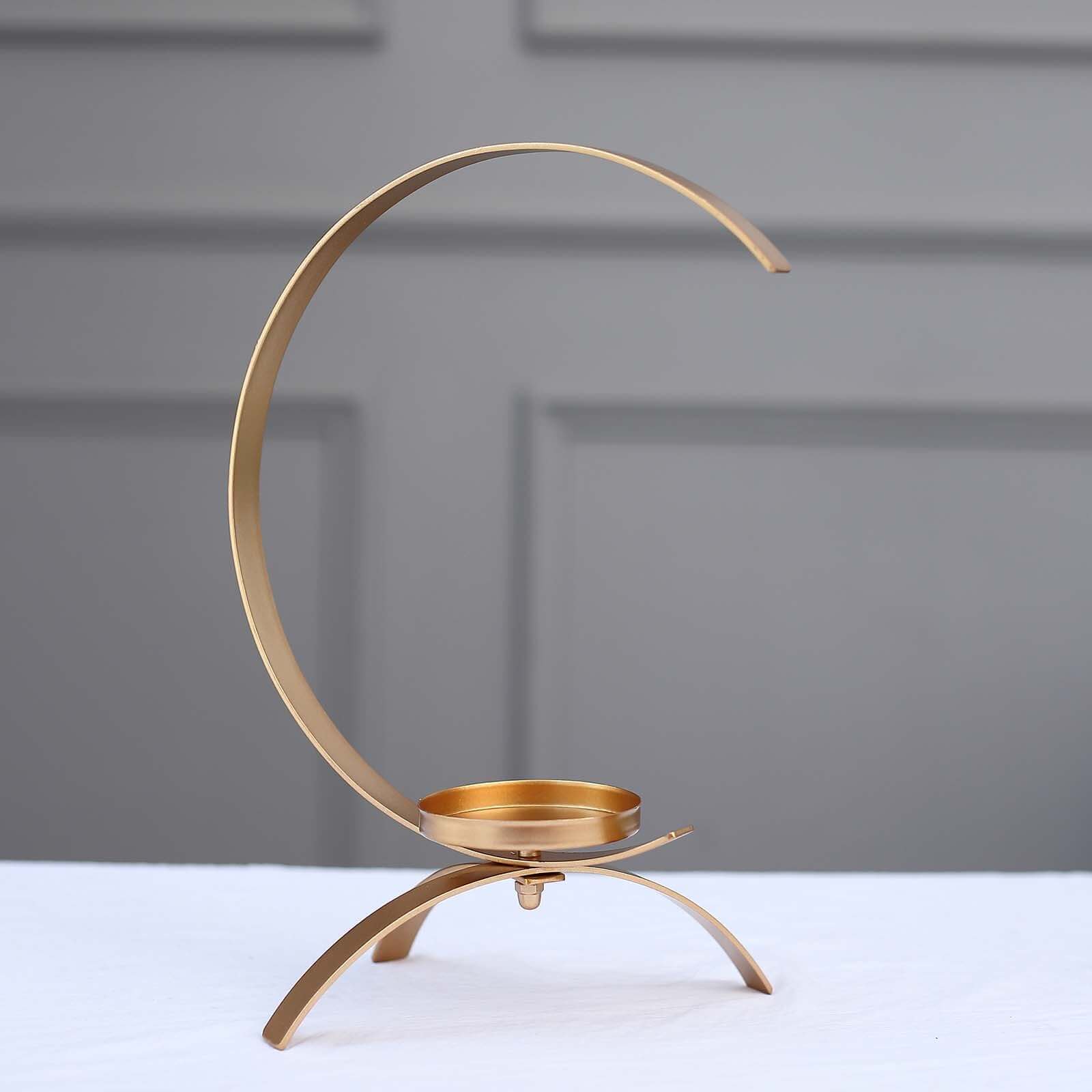 Gold Metal Moon Shaped Pillar Candle Holder 13", Tealight Hurricane Stand - Decorative Table Centerpiece - Image 9