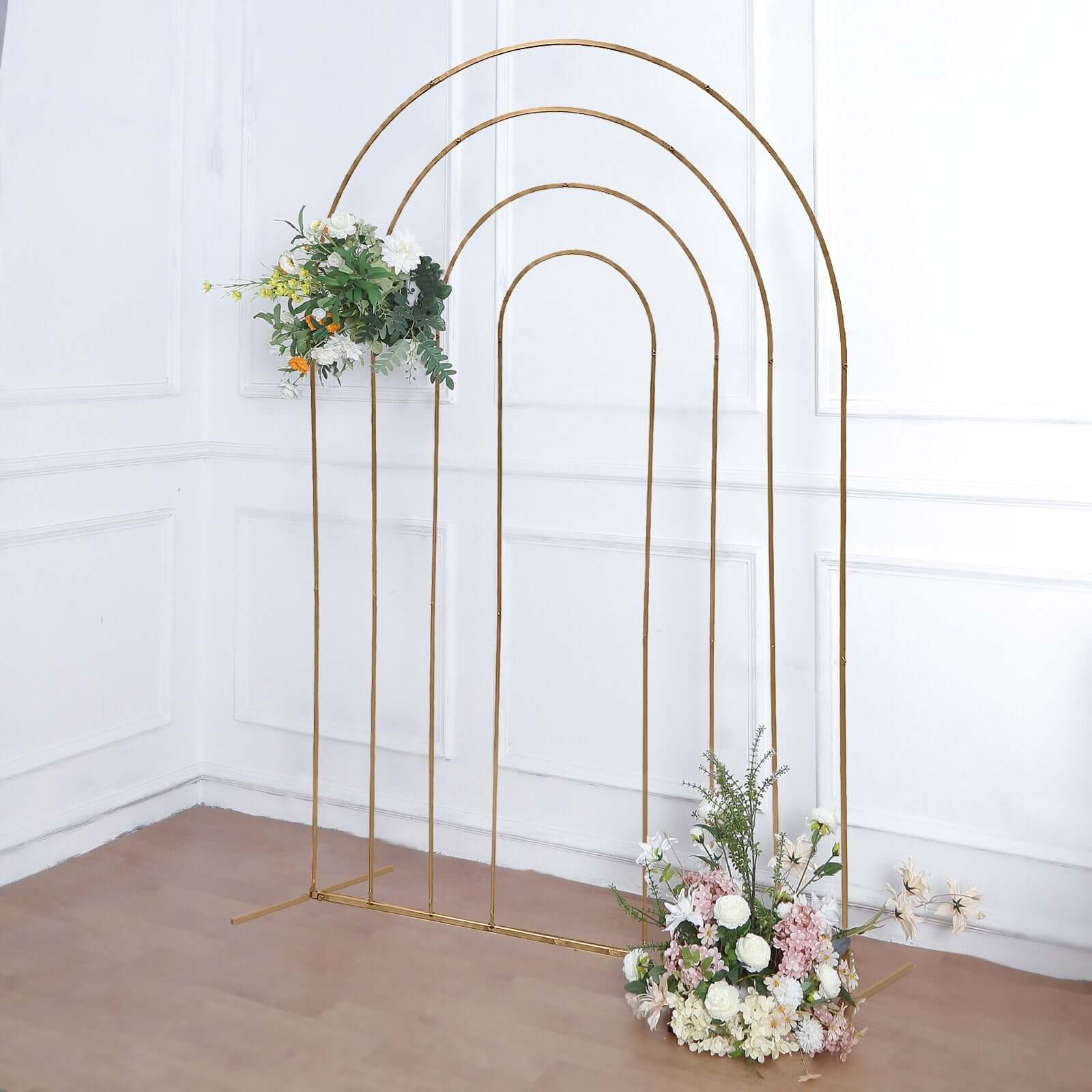 Gold Metal Multi-Layered Round Top Chiara Backdrop Stand, Rainbow Floral Frame Wedding Arch - 8ft - Image 2