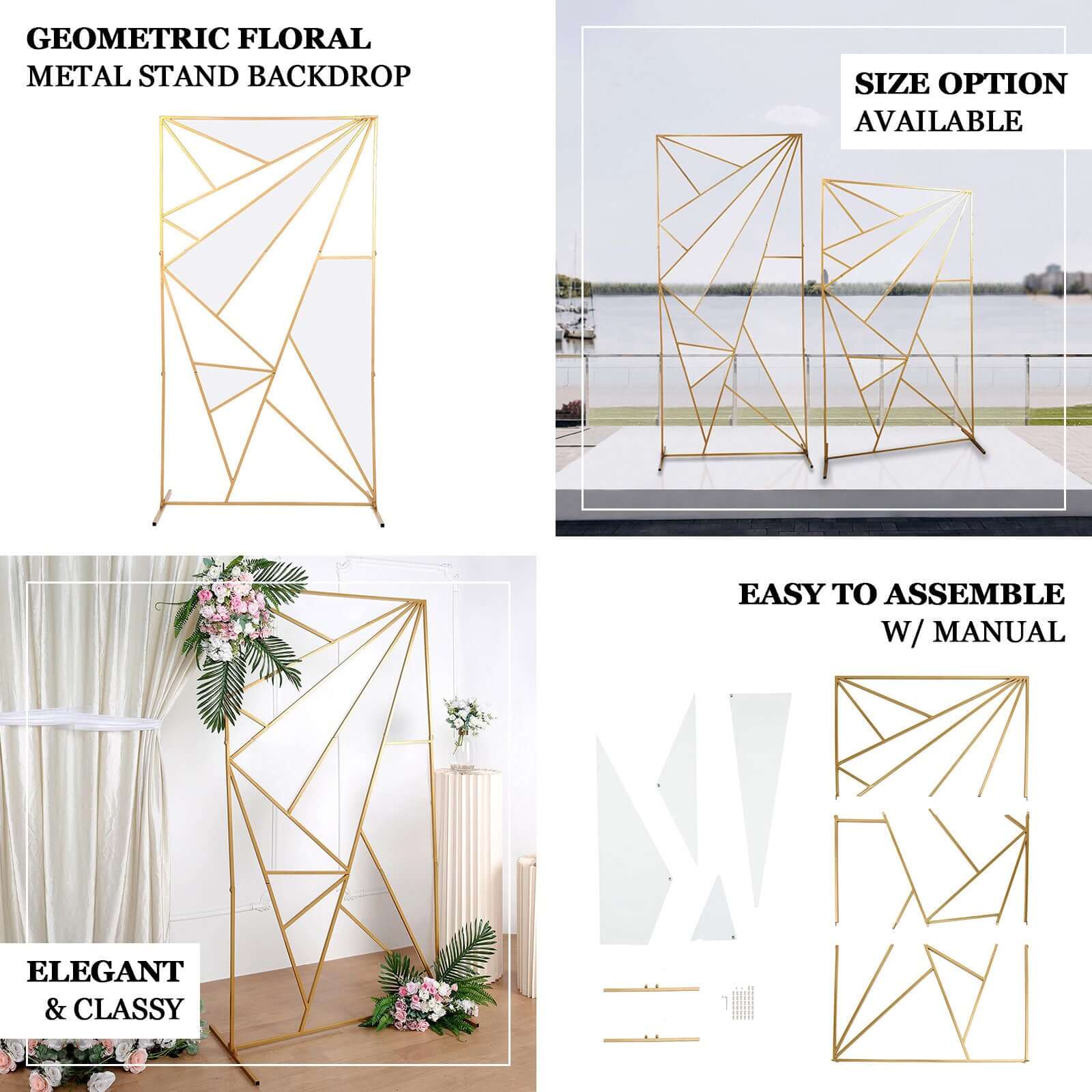 Gold Metal Rectangular Geometric Wedding Backdrop Floor Stand, Flower Frame Prop Stand With Cloudy Film Insert 6ft Tall - Image 4