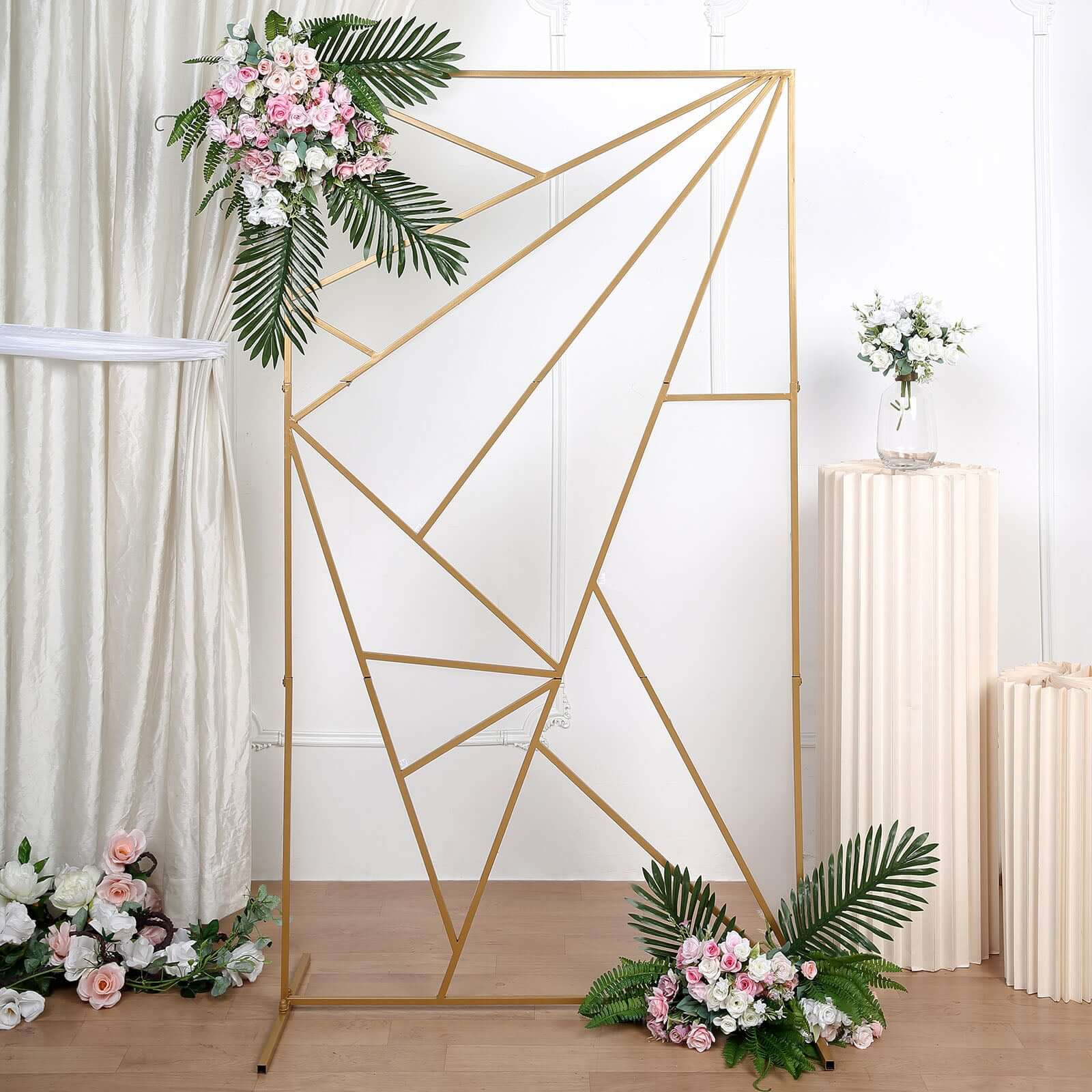 Gold Metal Rectangular Geometric Wedding Backdrop Floor Stand, Flower Frame Prop Stand With Cloudy Film Insert 6ft Tall - Image 5