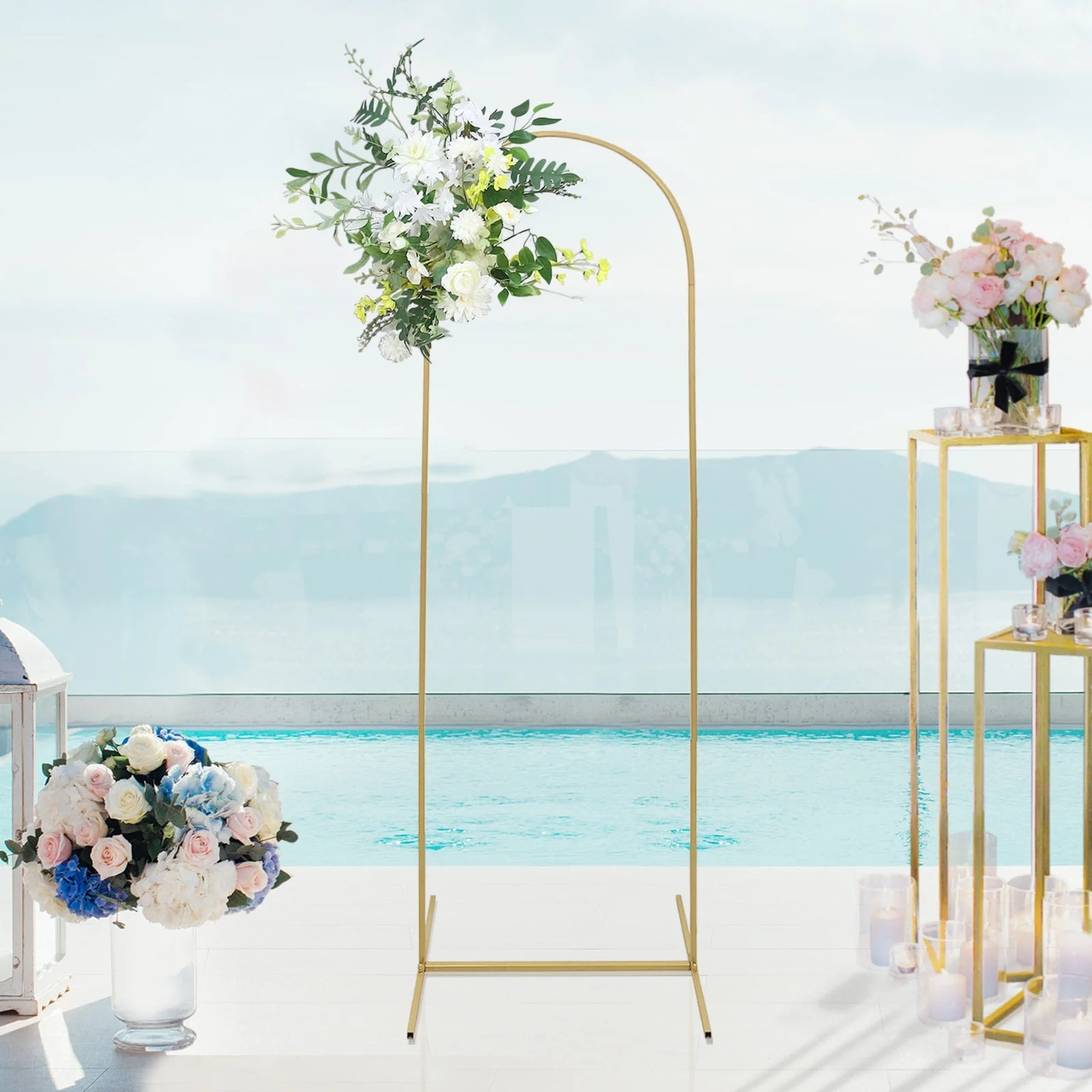 Gold Metal Round Top Chiara Wedding Arch Backdrop Stand, Rectangular Floral Balloon Frame Ceremony Arbor - 6ft - Image 8