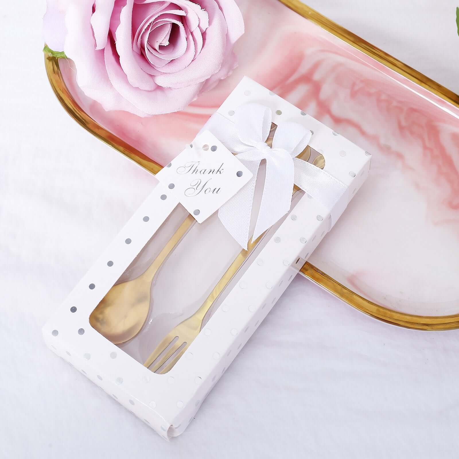 Gold Metal Spoon & Fork Pre-Packed Wedding Party Favors Set With Leaf Shaped Handle, Bridal Shower Souvenir Gift Box 5" - Image 10