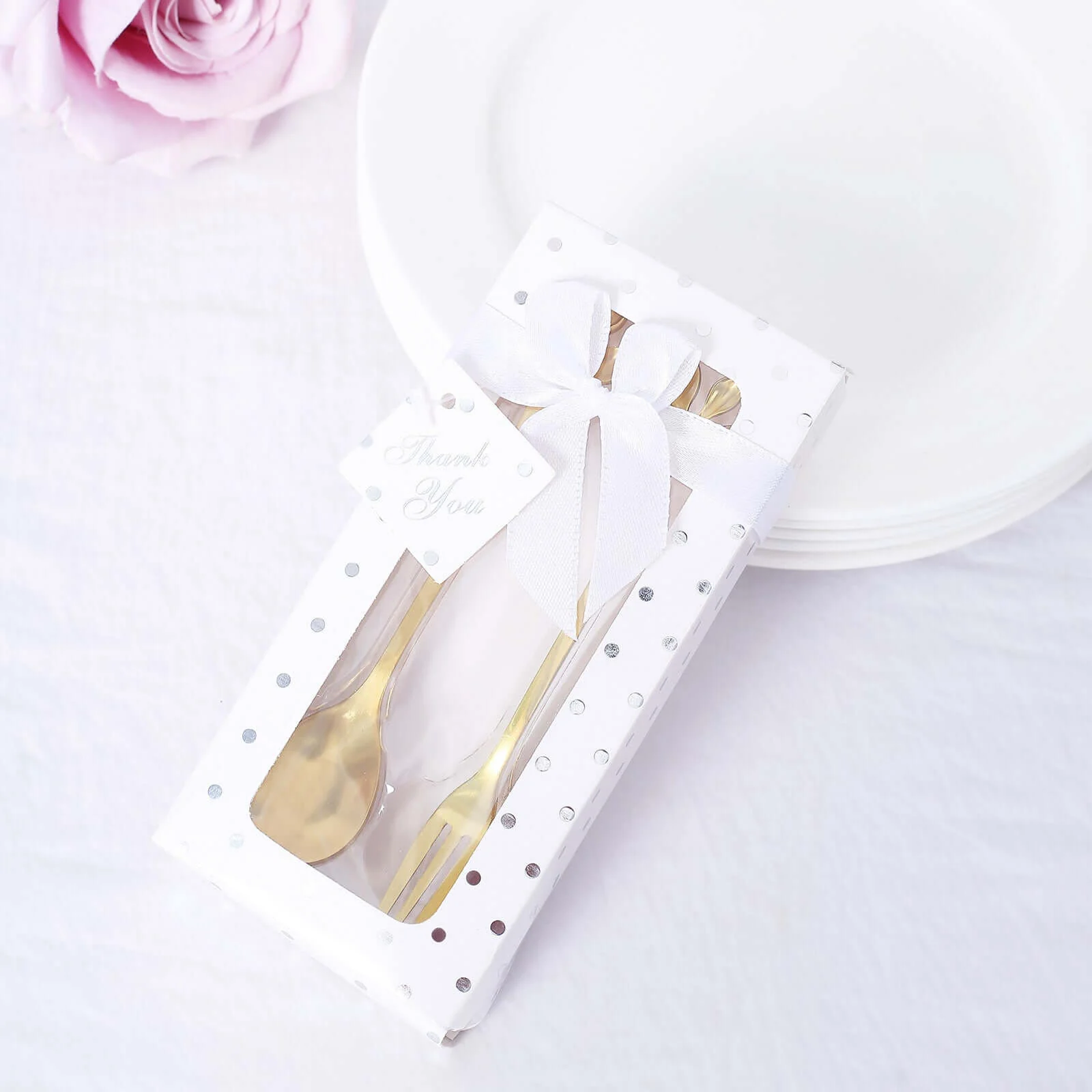 Gold Metal Spoon & Fork Pre-Packed Wedding Party Favors Set With Leaf Shaped Handle, Bridal Shower Souvenir Gift Box 5" - Image 11