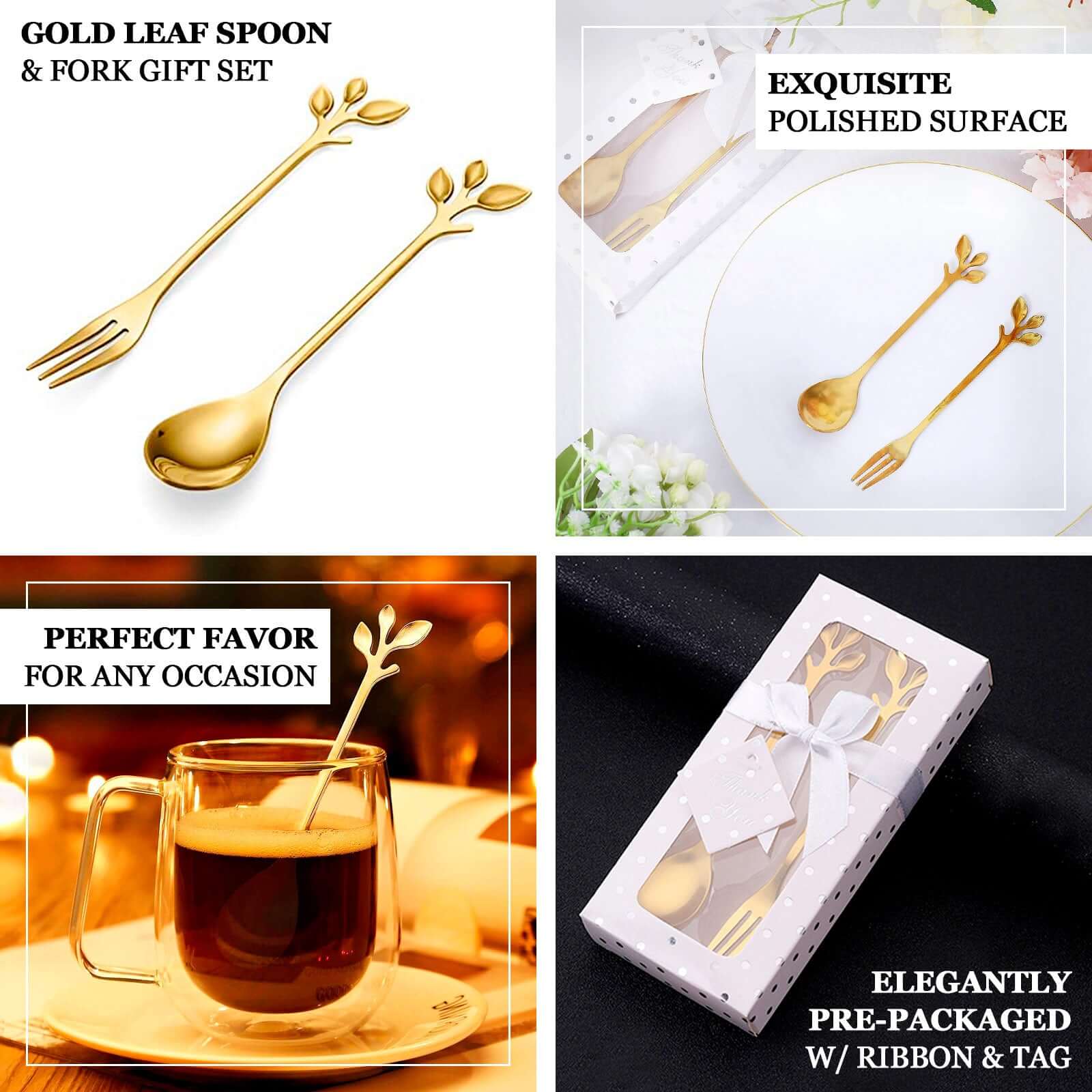 Gold Metal Spoon & Fork Pre-Packed Wedding Party Favors Set With Leaf Shaped Handle, Bridal Shower Souvenir Gift Box 5" - Image 4