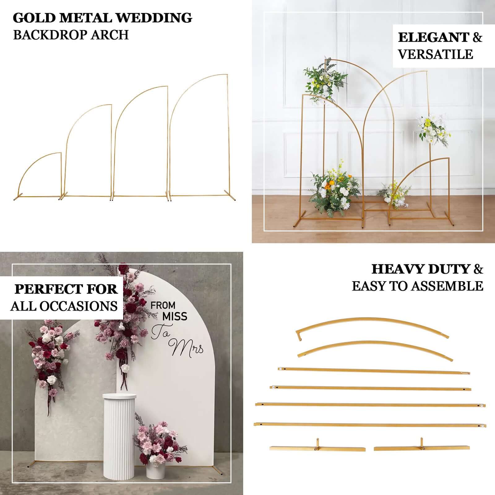 Gold Metal Wedding Arch Chiara Backdrop Stand, Half Moon Floral Frame Arbor Display - 8ft - Image 3