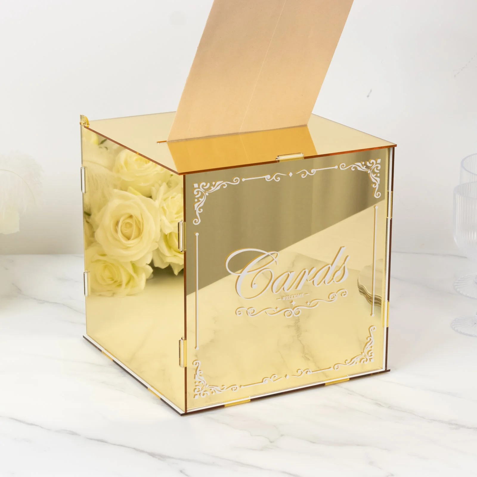 Gold Mirror Acrylic Wedding Card Box with Slot - Wishing Well Money Box for Weddings, Birthdays, and Parties - 10" - Image 3
