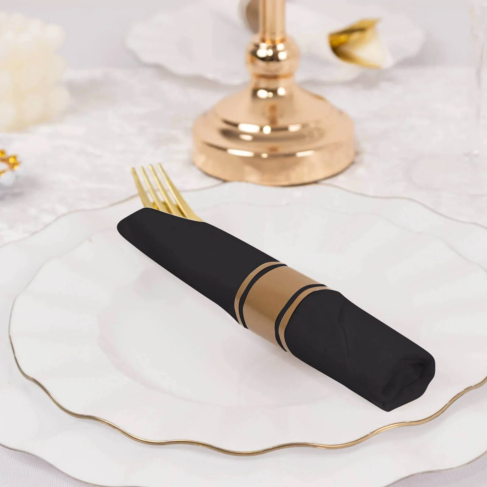 Set of 24 Plastic Silverware with Pre-Rolled Black Paper Napkins Gold - Disposable Wrapped Cutlery Set - Image 2