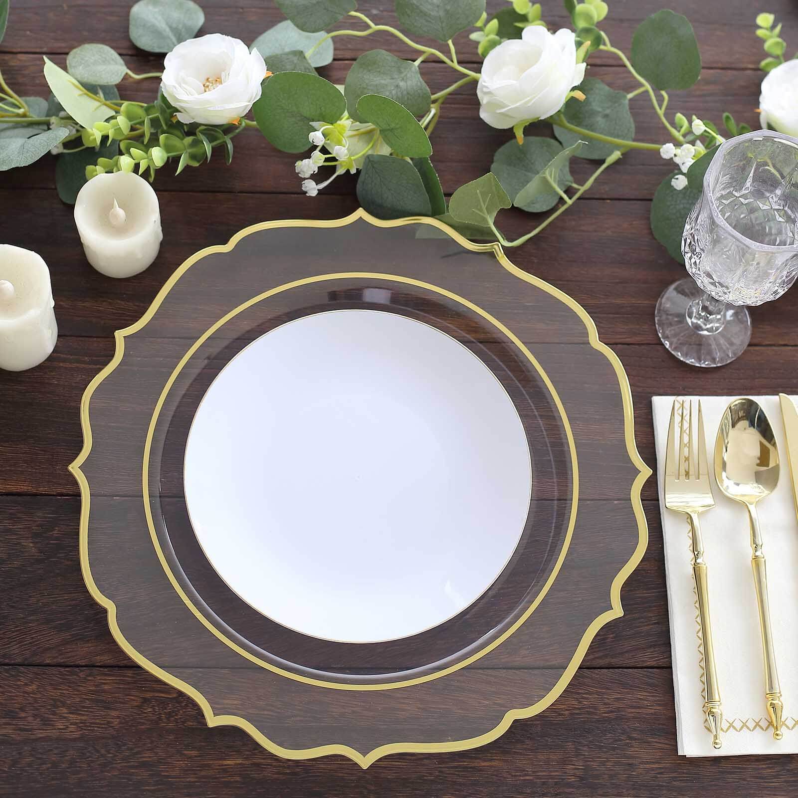 10-Pack Economy Plastic Charger Plates 13" Round Clear with Gold Scalloped Rim - Decorative Dinner Party Serving Plates - Image 2