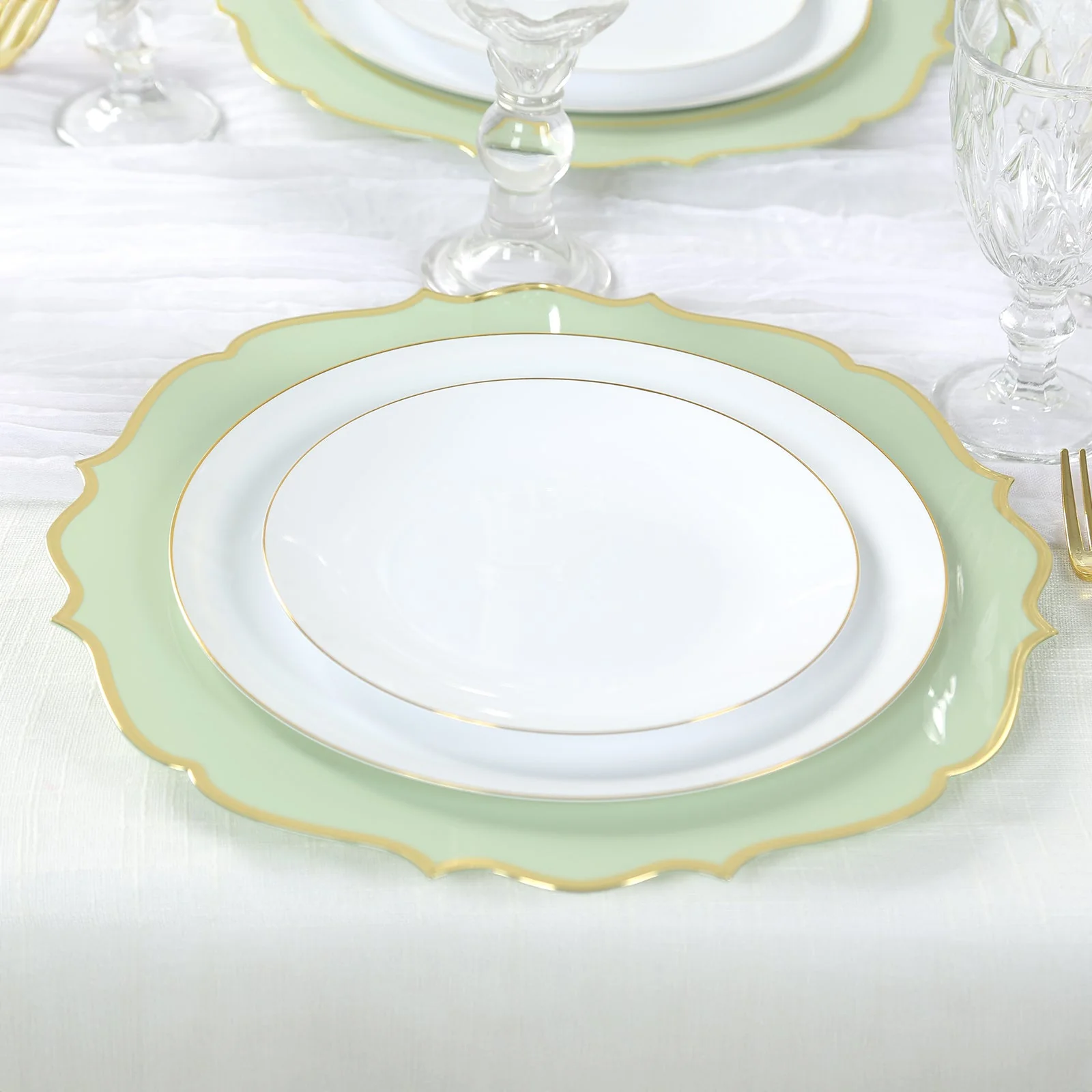 10-Pack Economy Plastic Charger Plates 13" Round Sage Green with Gold Scalloped Rim - Decorative Dinner Party Serving Plates - Image 3