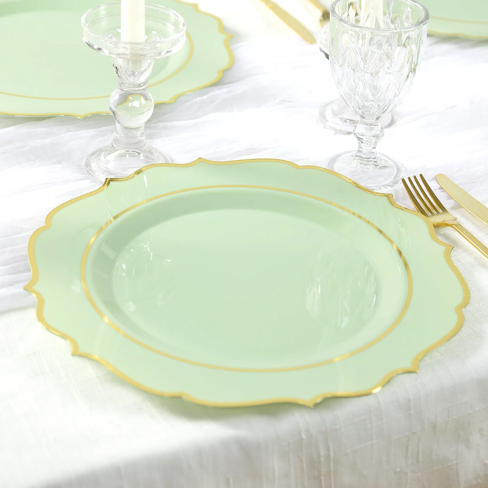 10-Pack Economy Plastic Charger Plates 13" Round Sage Green with Gold Scalloped Rim - Decorative Dinner Party Serving Plates - Image 4