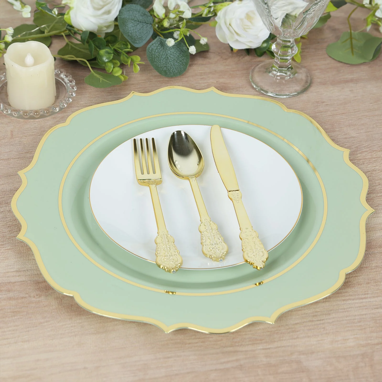 10-Pack Economy Plastic Charger Plates 13" Round Sage Green with Gold Scalloped Rim - Decorative Dinner Party Serving Plates - Image 7