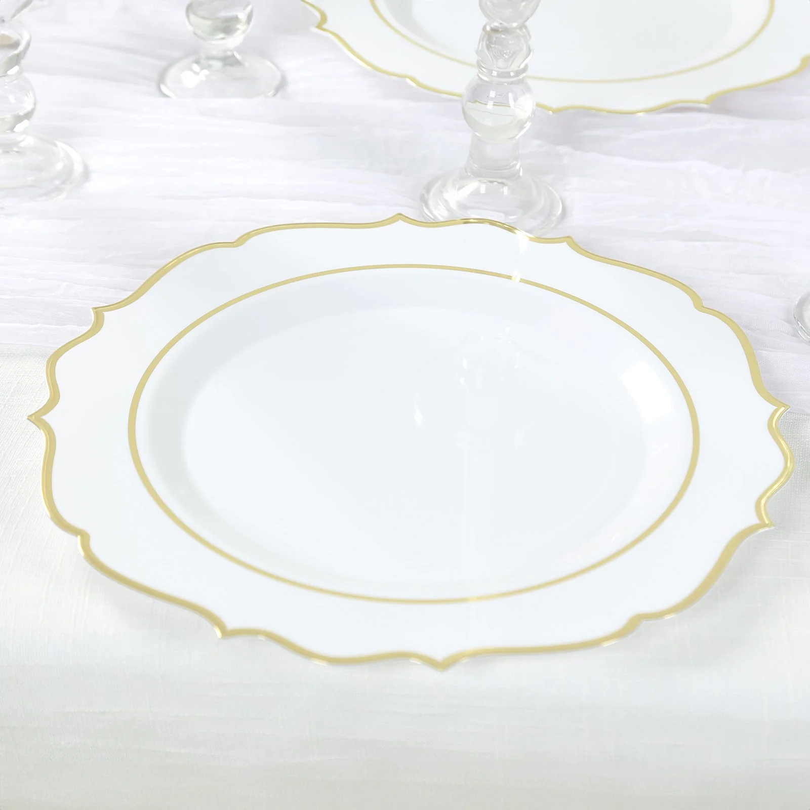 10-Pack Economy Plastic Charger Plates 13" Round White with Gold Scalloped Rim - Decorative Dinner Party Serving Plates - Image 3
