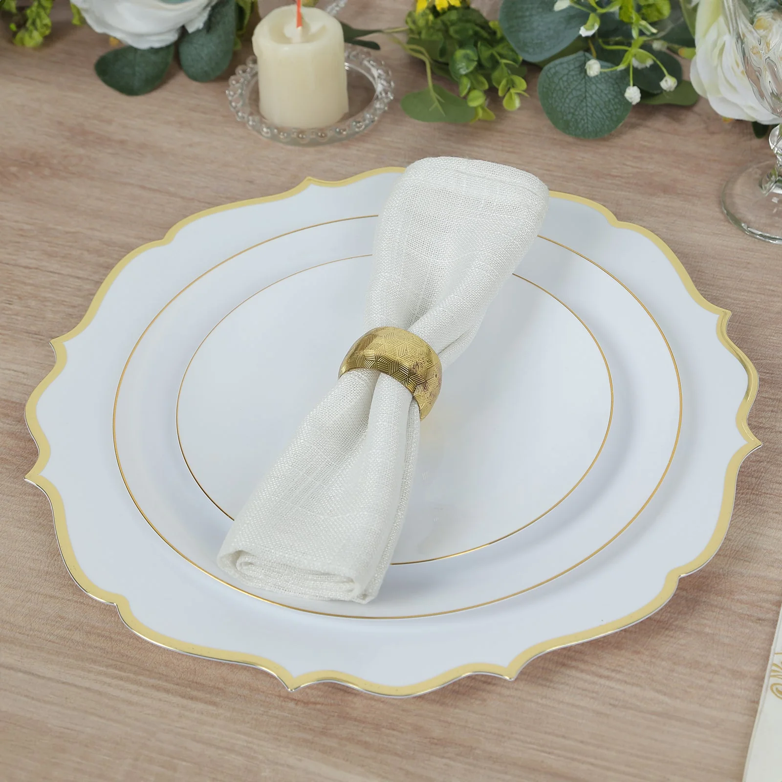 10-Pack Economy Plastic Charger Plates 13" Round White with Gold Scalloped Rim - Decorative Dinner Party Serving Plates - Image 8