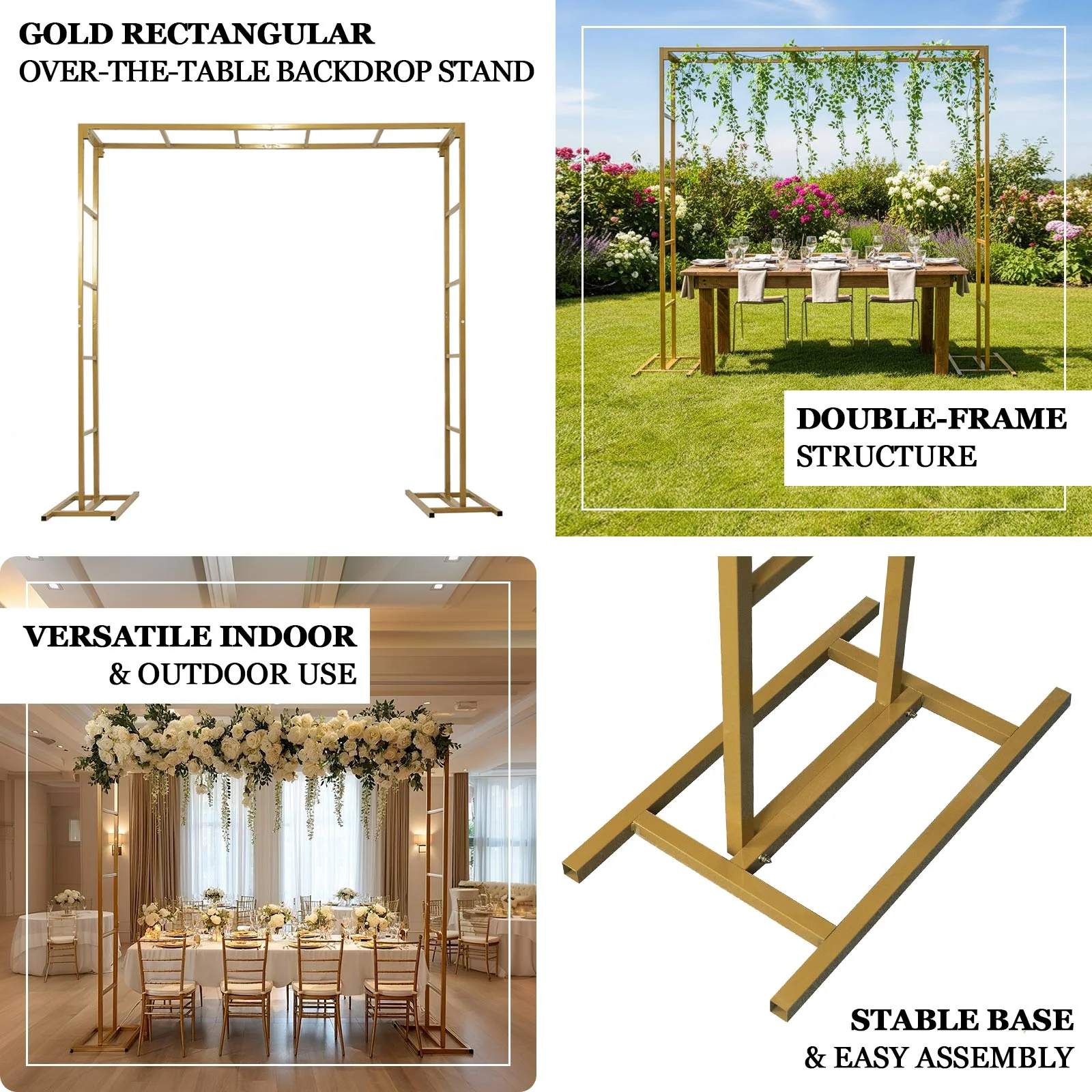 Gold Square Arbor - Freestanding 6' High Over the Table Stand, Backdrop Stand with Double Frame for Floral Balloon Décor - 6ftx6ft - Image 4