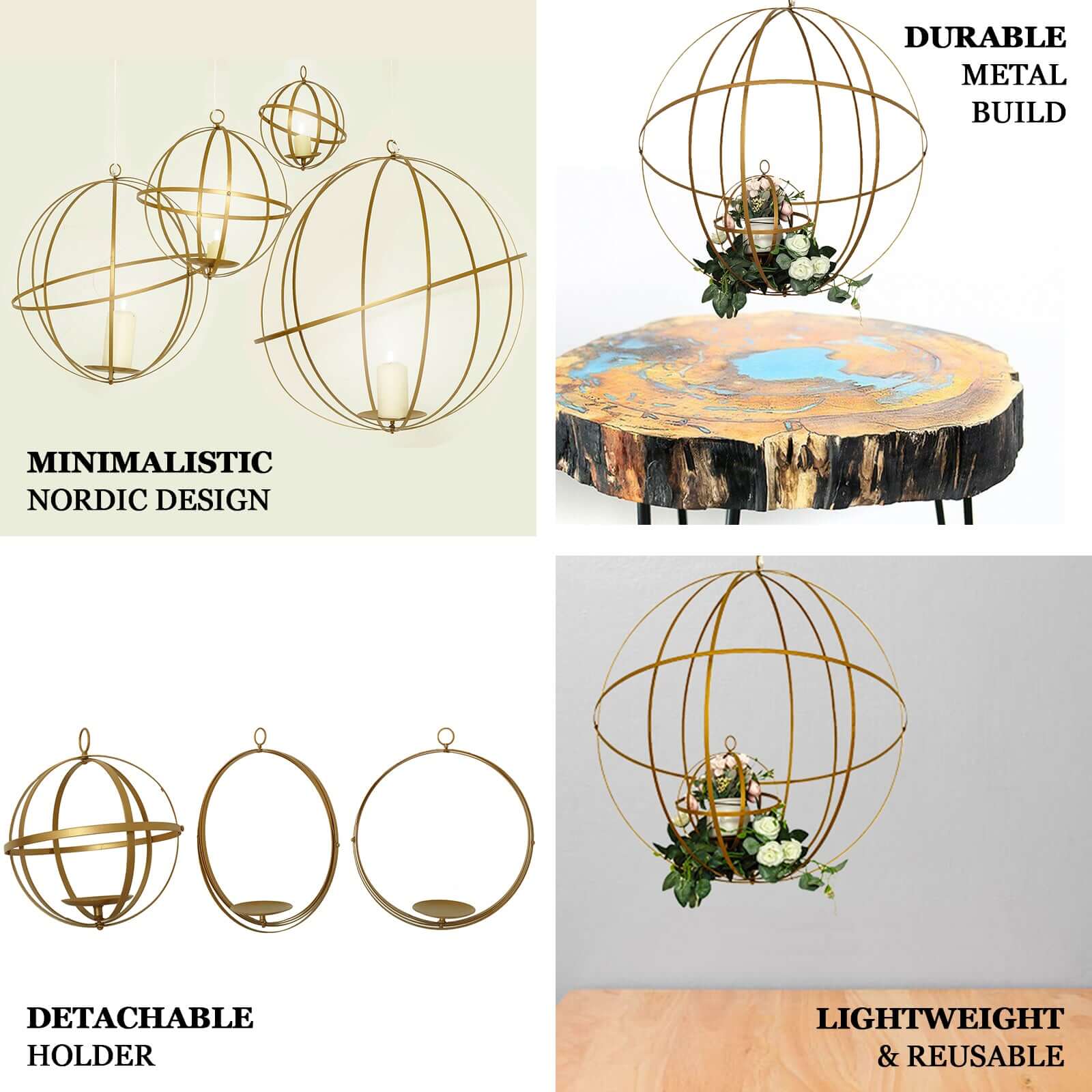 Gold Wrought Iron Candle Holder Centerpiece 12" Open Frame Hanging Sphere - Floral Display Accent - Image 4