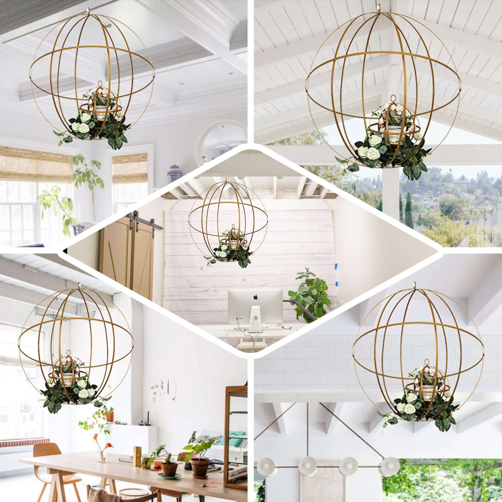 Gold Wrought Iron Candle Holder Centerpiece 12" Open Frame Hanging Sphere - Floral Display Accent - Image 5