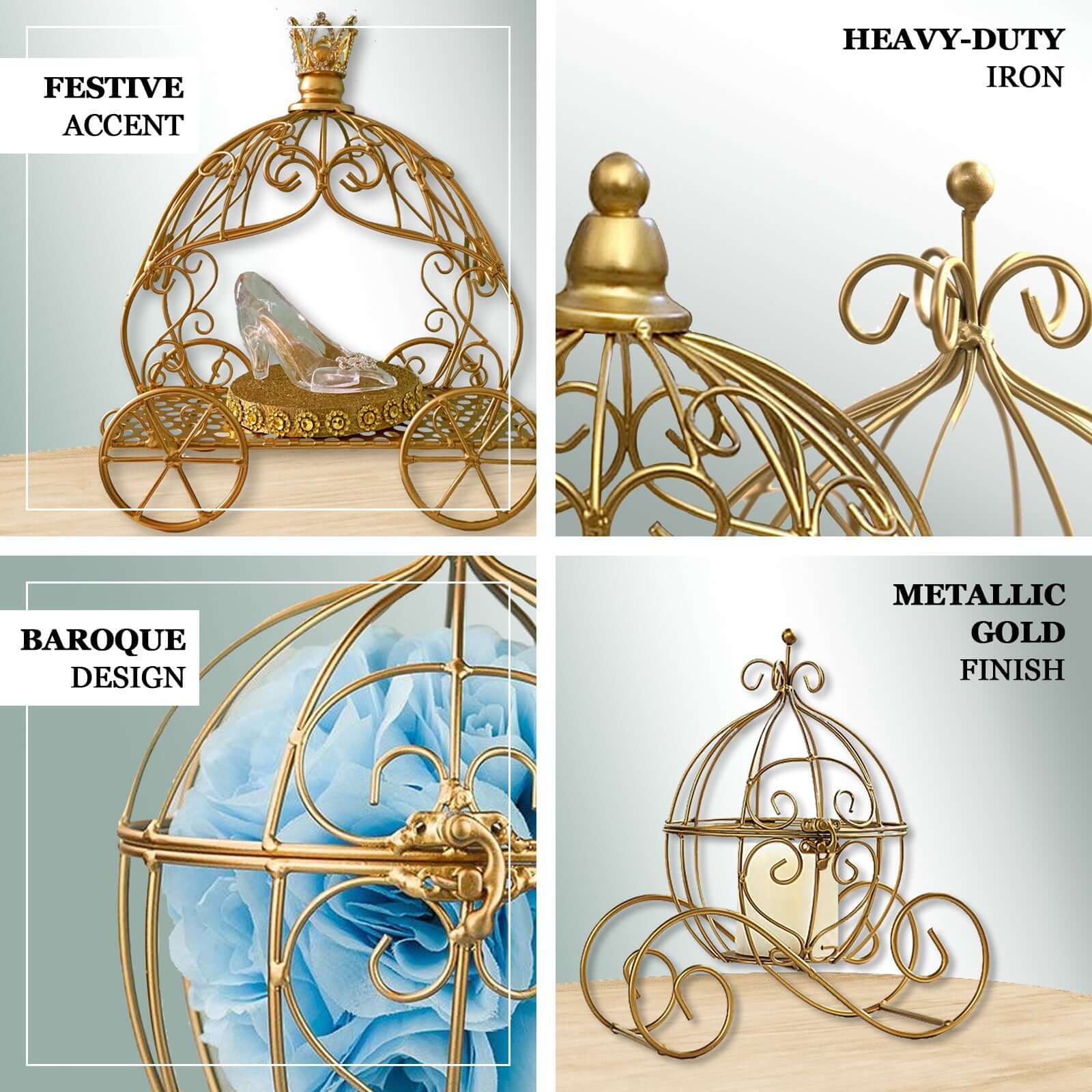Gold Wrought Iron Candle Holder or Card Display 11" Cinderella Carriage - Ideal Wedding Table Accent - Image 4