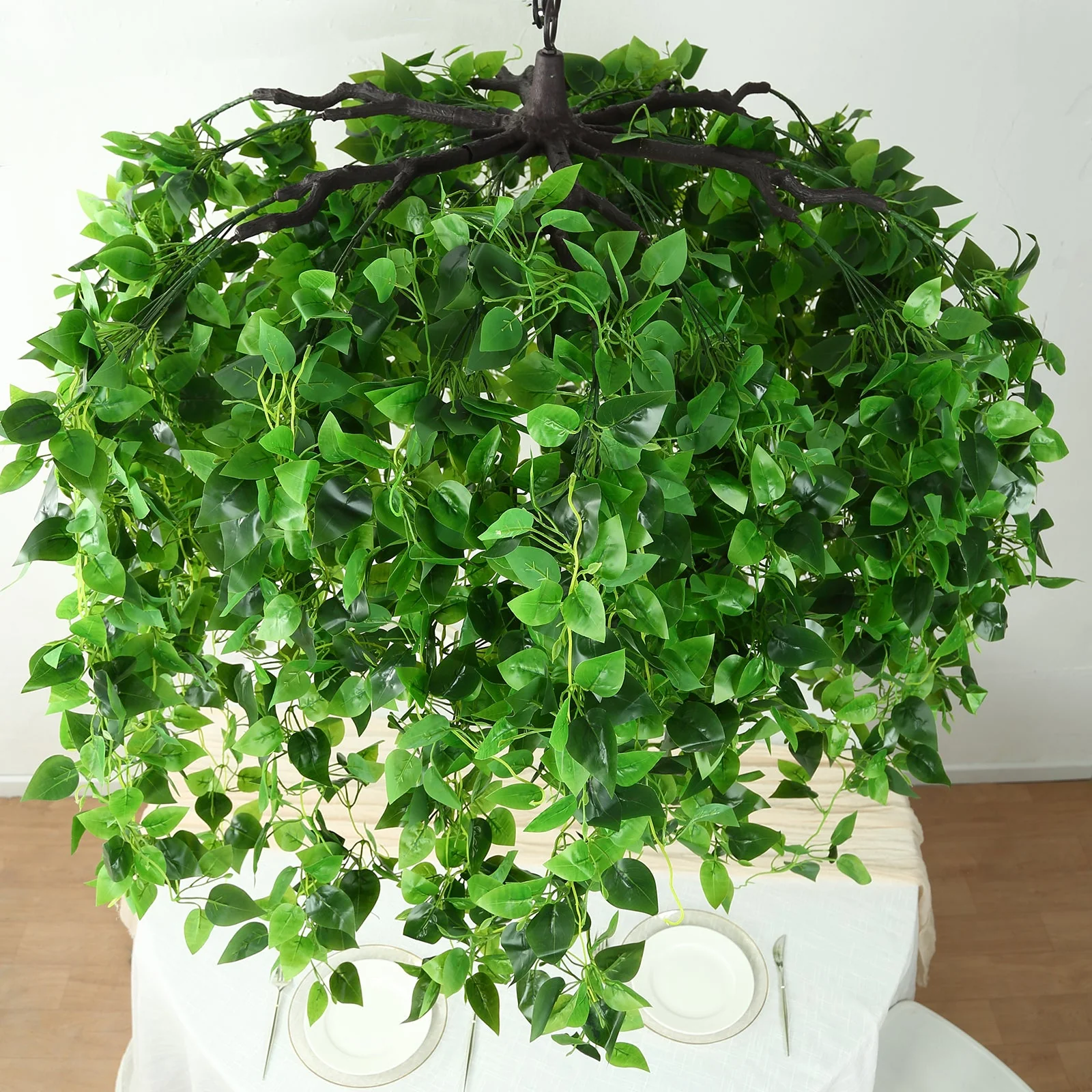 Green Artificial Ivy Leaves Hanging Flower Chandelier, Round Draping Eucalyptus Garland Vines Canopy with Interchangeable Branches - 46" - Image 6
