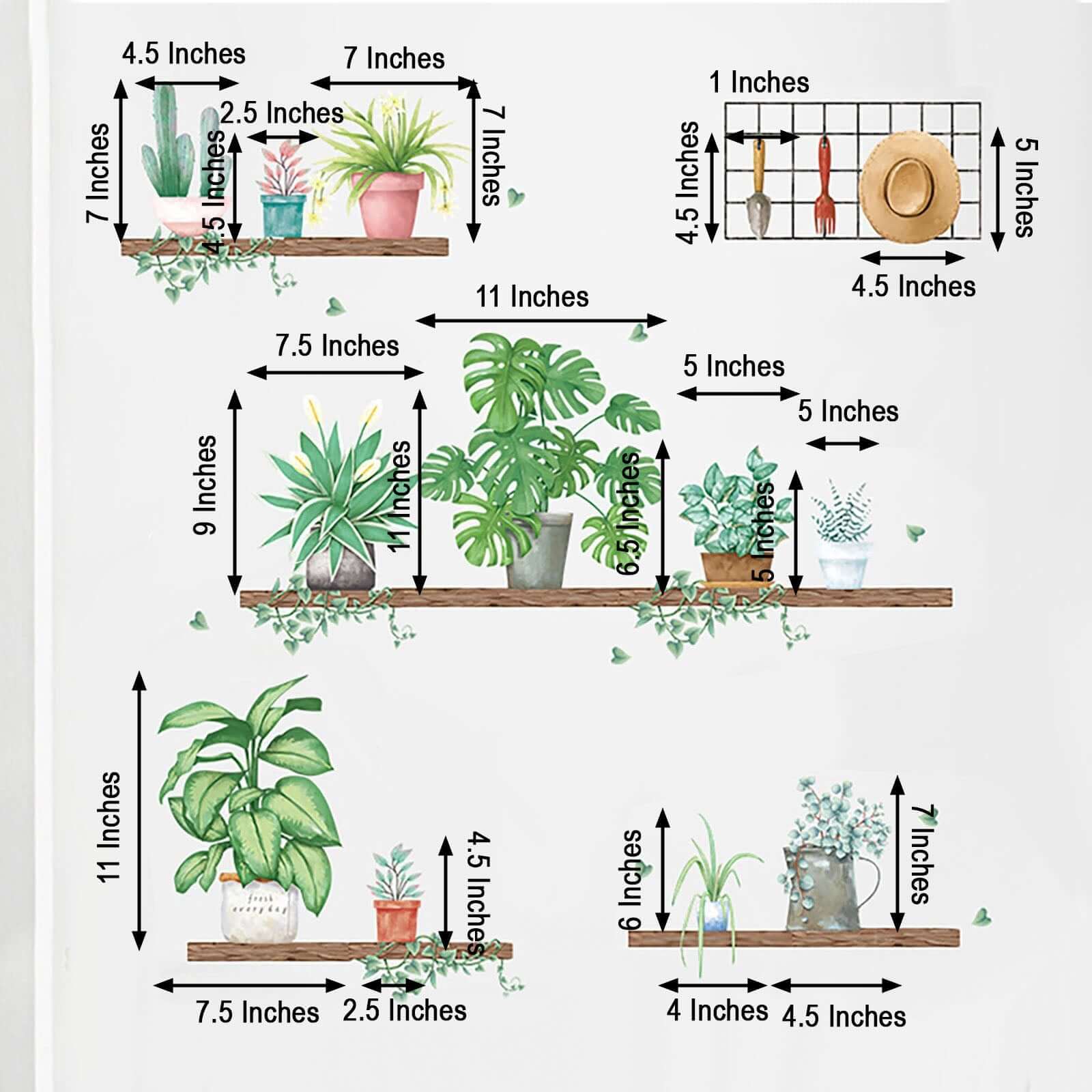 Green Potted Plants on Shelves Wall Decals, Tropical Art Decor Stickers - Image 3