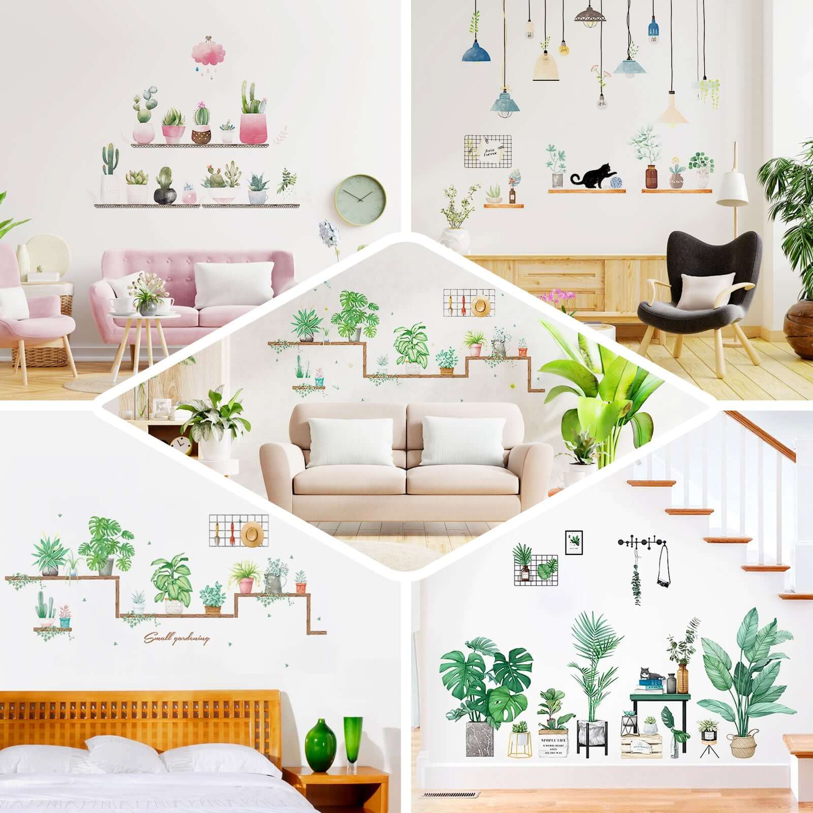 Green Potted Plants on Shelves Wall Decals, Tropical Art Decor Stickers - Image 5