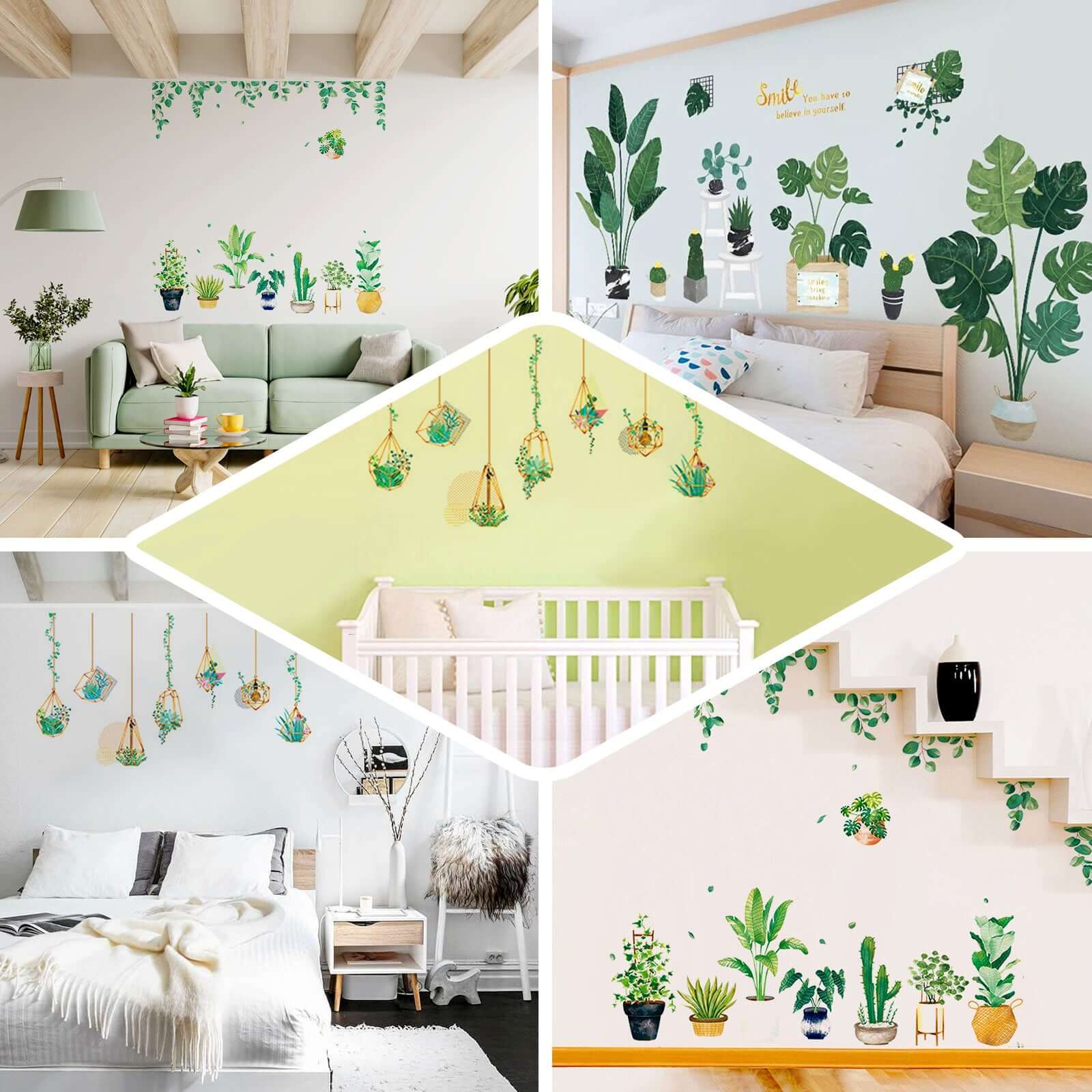 Green Tropical Potted Plants/Planters with Hanging Leaves Wall Decals, Peel and Stick Decor Stickers - Image 5