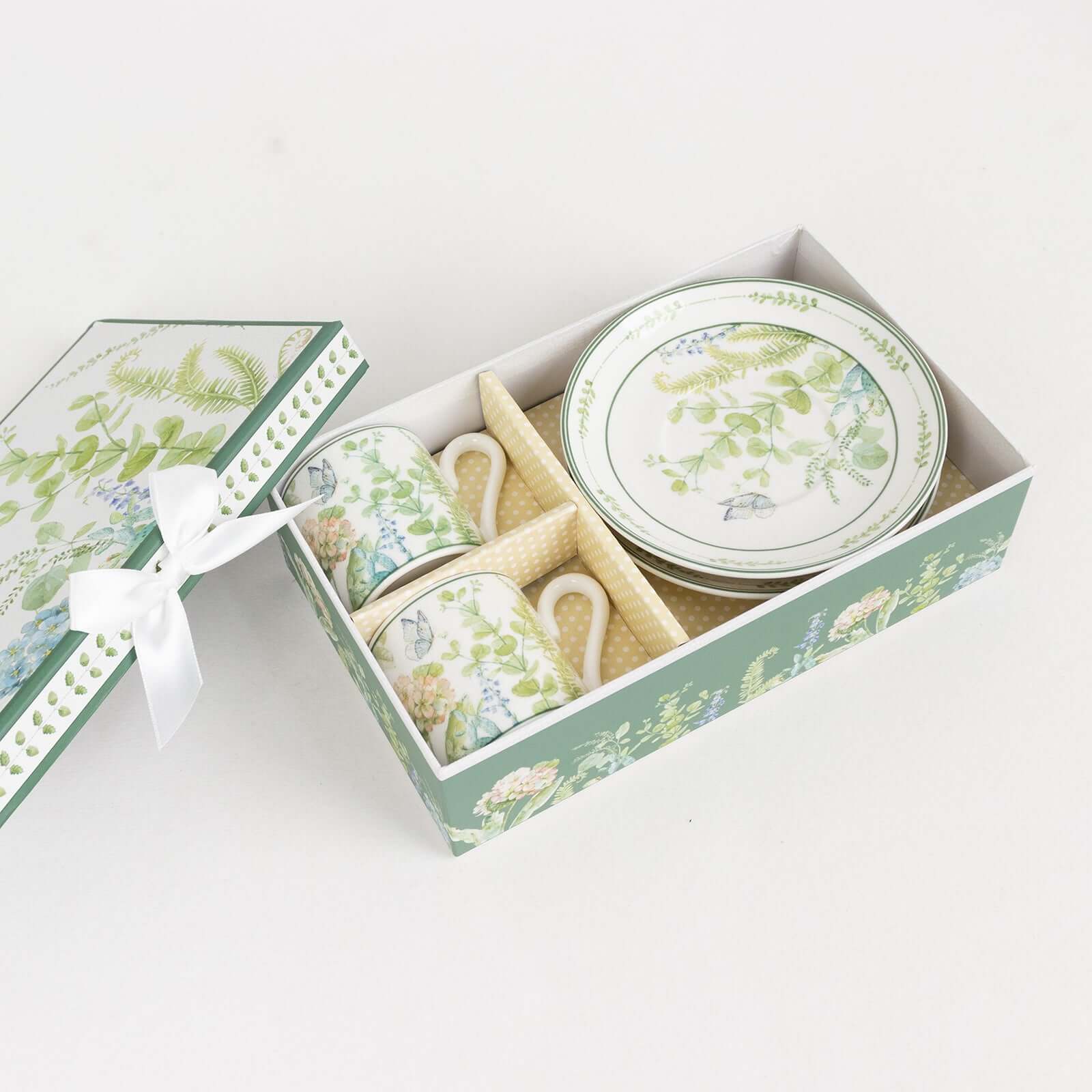 Greenery Theme Bridal Shower Gift Set, Set of 2 Porcelain Espresso Cups and Saucers with Matching Gift Box - Image 5