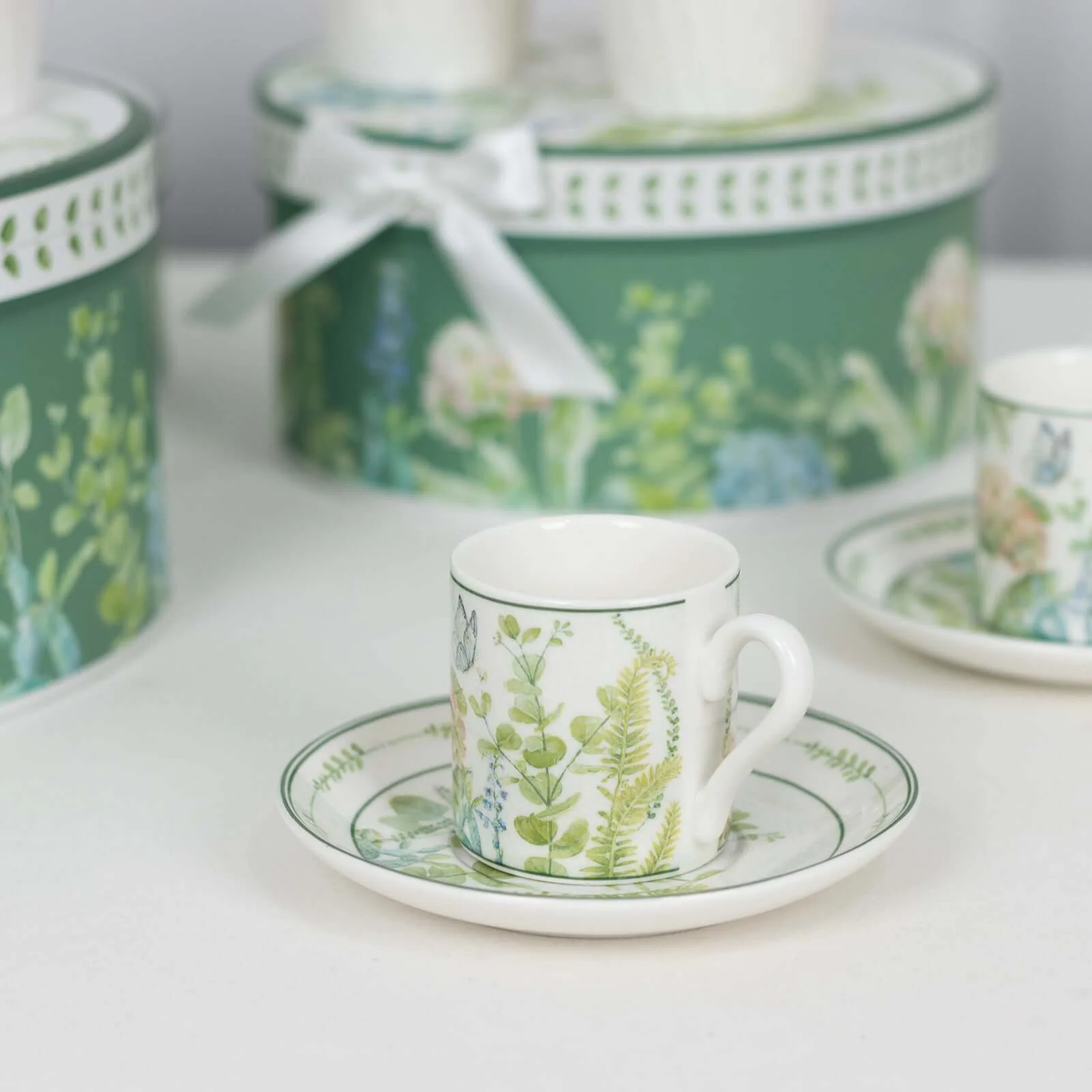 Greenery Theme Bridal Shower Gift Set, Set of 2 Porcelain Espresso Cups and Saucers with Matching Gift Box - Image 9