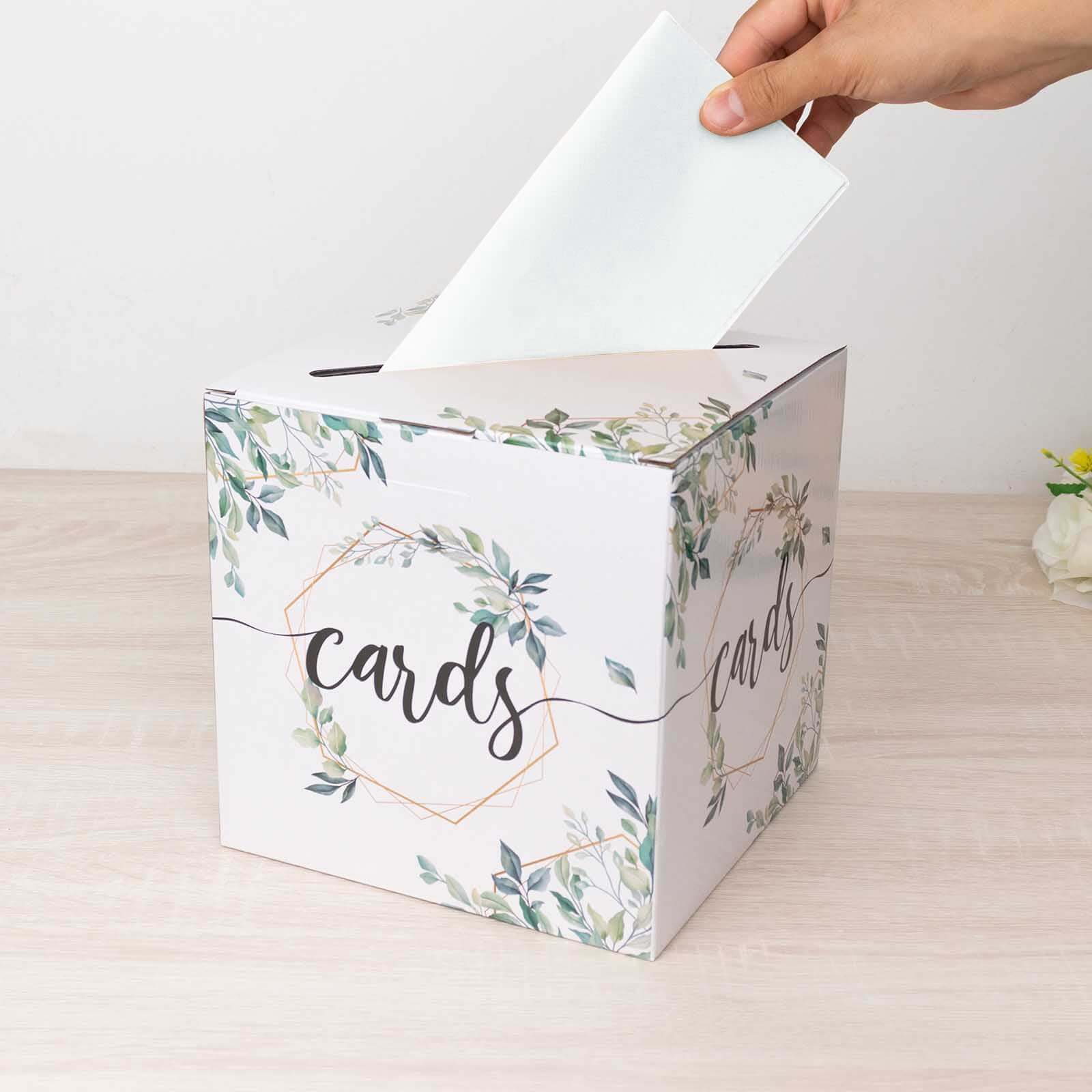 Greenery Theme White Money Card Box with Geometric Gold Foil Print, Collapsible Wedding Reception Gift Card Box - 8"x8" - Image 2