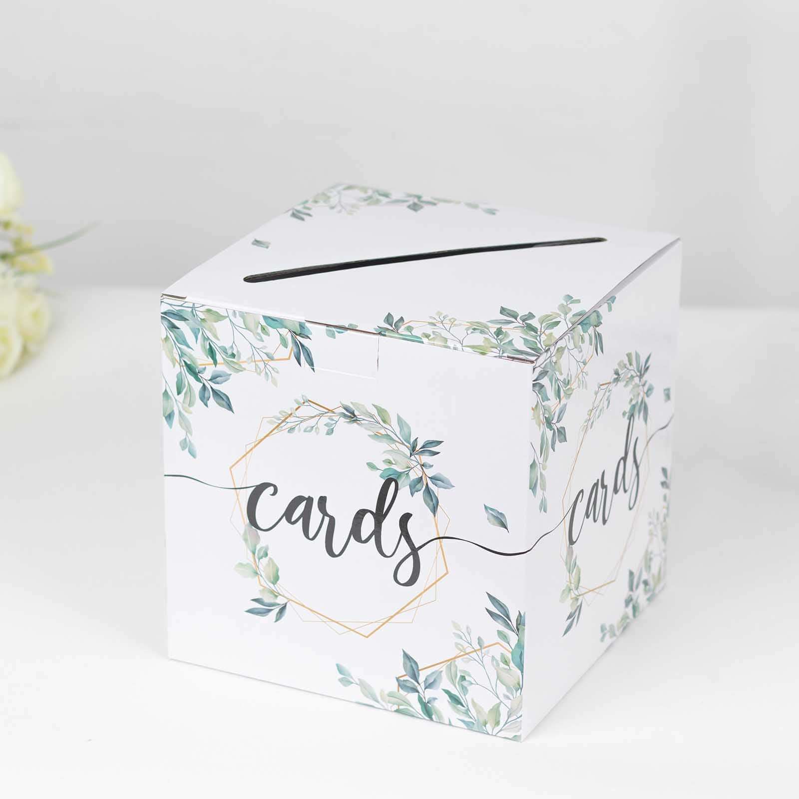 Greenery Theme White Money Card Box with Geometric Gold Foil Print, Collapsible Wedding Reception Gift Card Box - 8"x8" - Image 5
