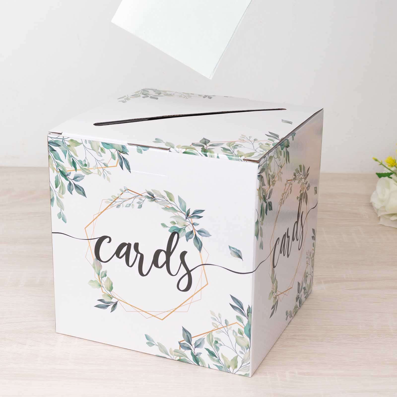 Greenery Theme White Money Card Box with Geometric Gold Foil Print, Collapsible Wedding Reception Gift Card Box - 8"x8" - Image 9