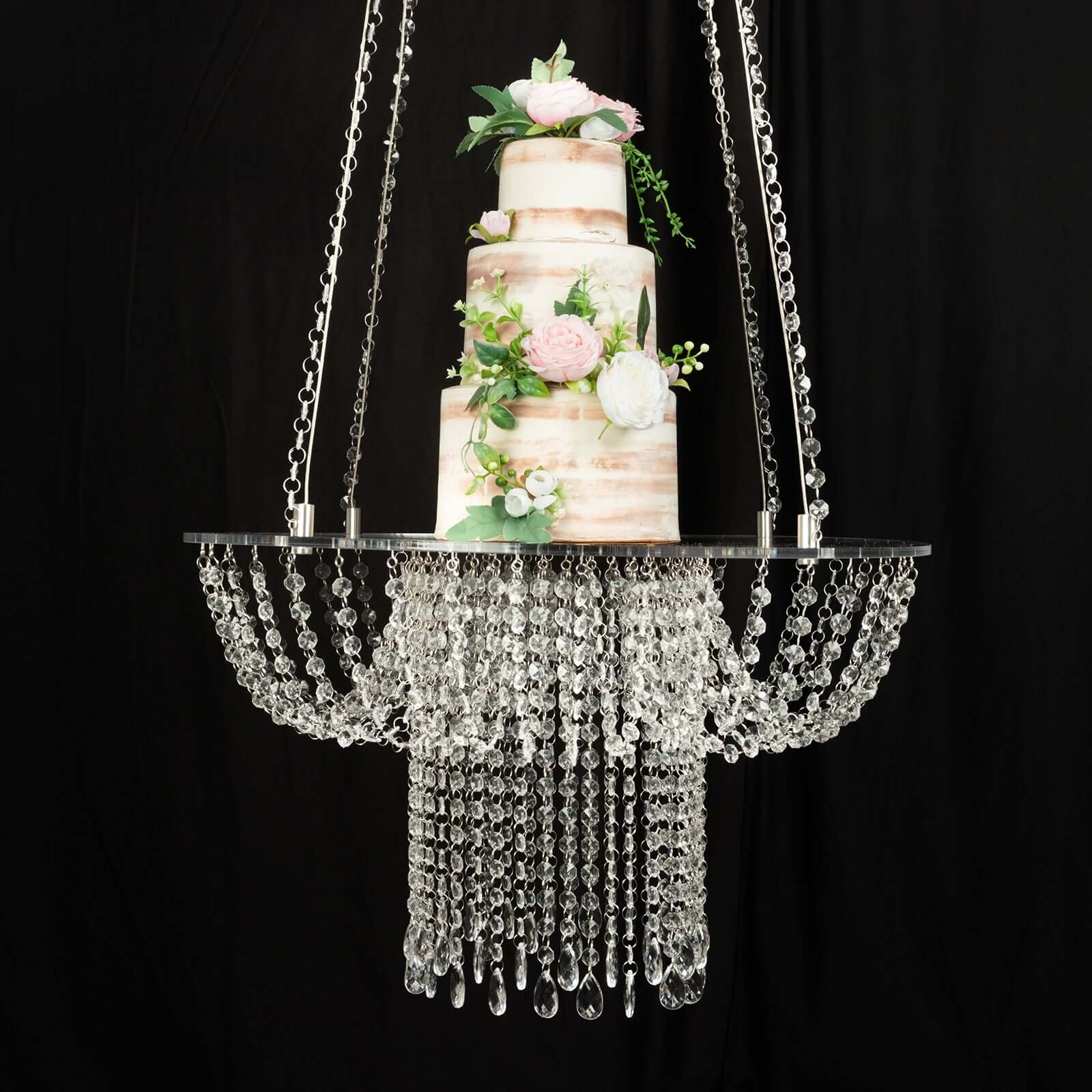 Acrylic Hanging Chandelier Cake Stand 25" Round with Crystal Drapes - Suspended Wedding Cake Swing with 5ft Steel Wire Chains - Image 5