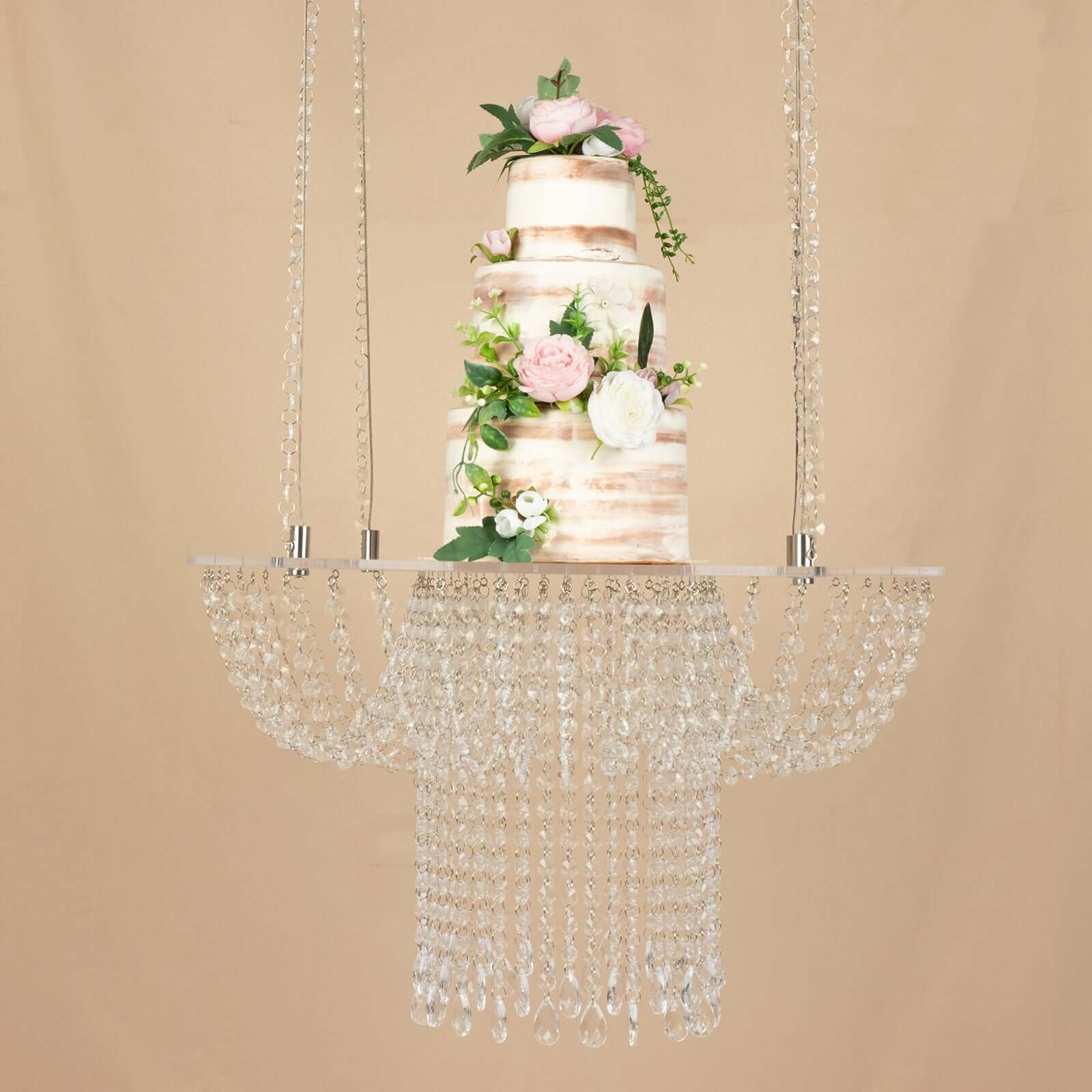 Acrylic Hanging Chandelier Cake Stand 25" Round with Crystal Drapes - Suspended Wedding Cake Swing with 5ft Steel Wire Chains - Image 6