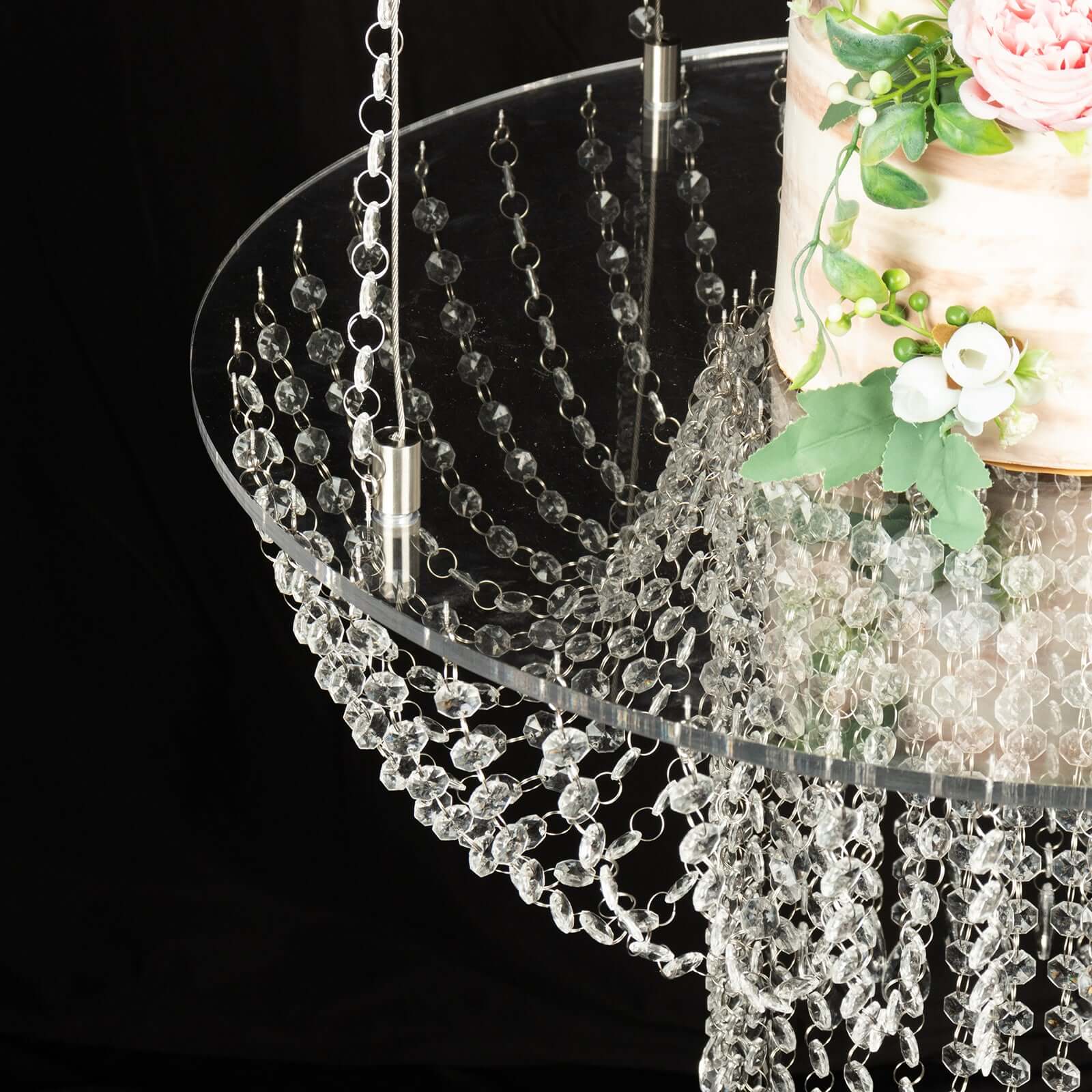 Acrylic Hanging Chandelier Cake Stand 25" Round with Crystal Drapes - Suspended Wedding Cake Swing with 5ft Steel Wire Chains - Image 8
