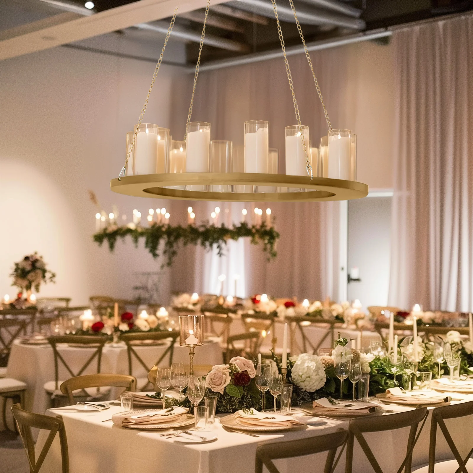 Hanging Metal Floral Chandelier Frame in Gold - Circular Lighting, Candle and Floral Display Base - 24" Round