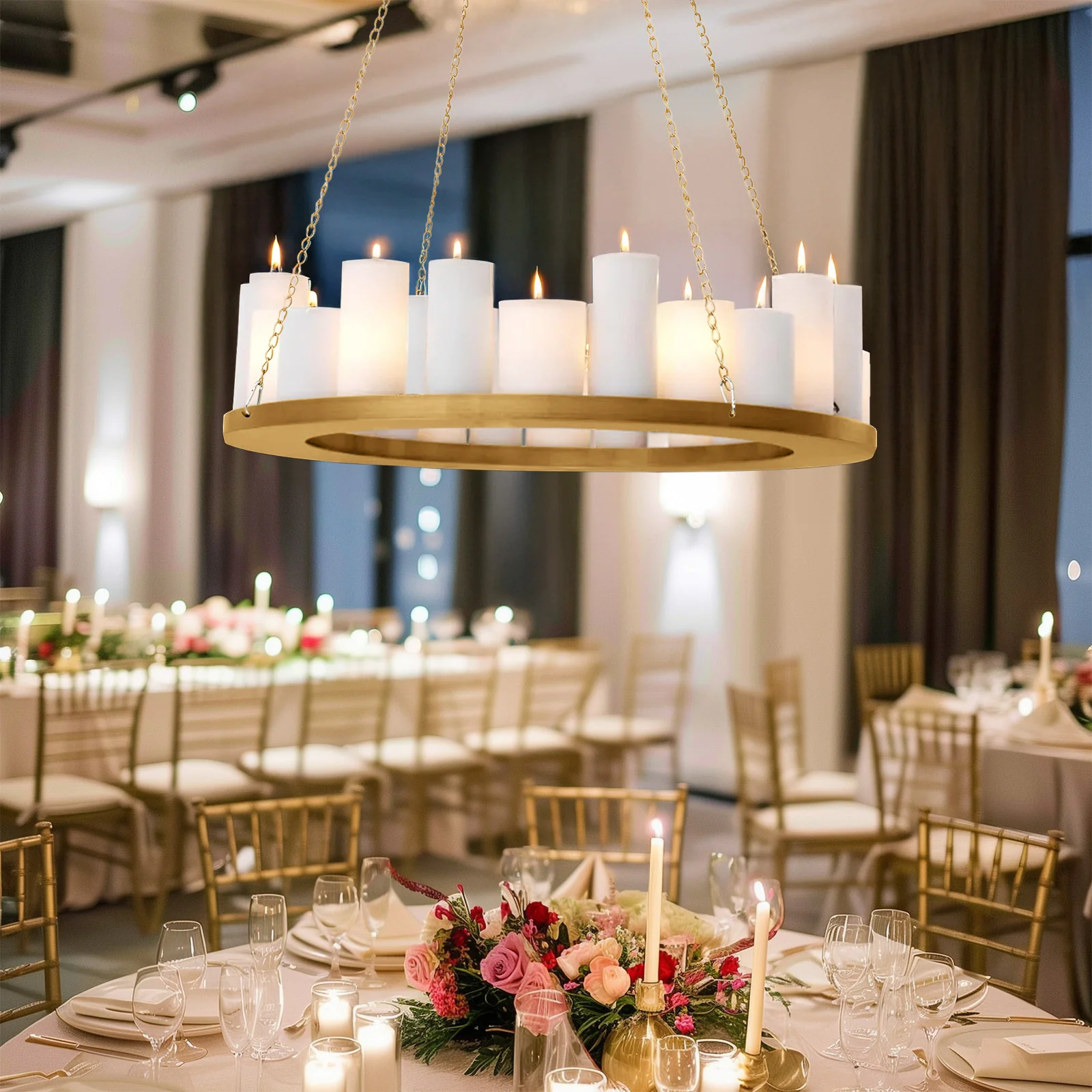 Hanging Metal Floral Chandelier Frame in Gold - Circular Lighting, Candle and Floral Display Base - 32" Round