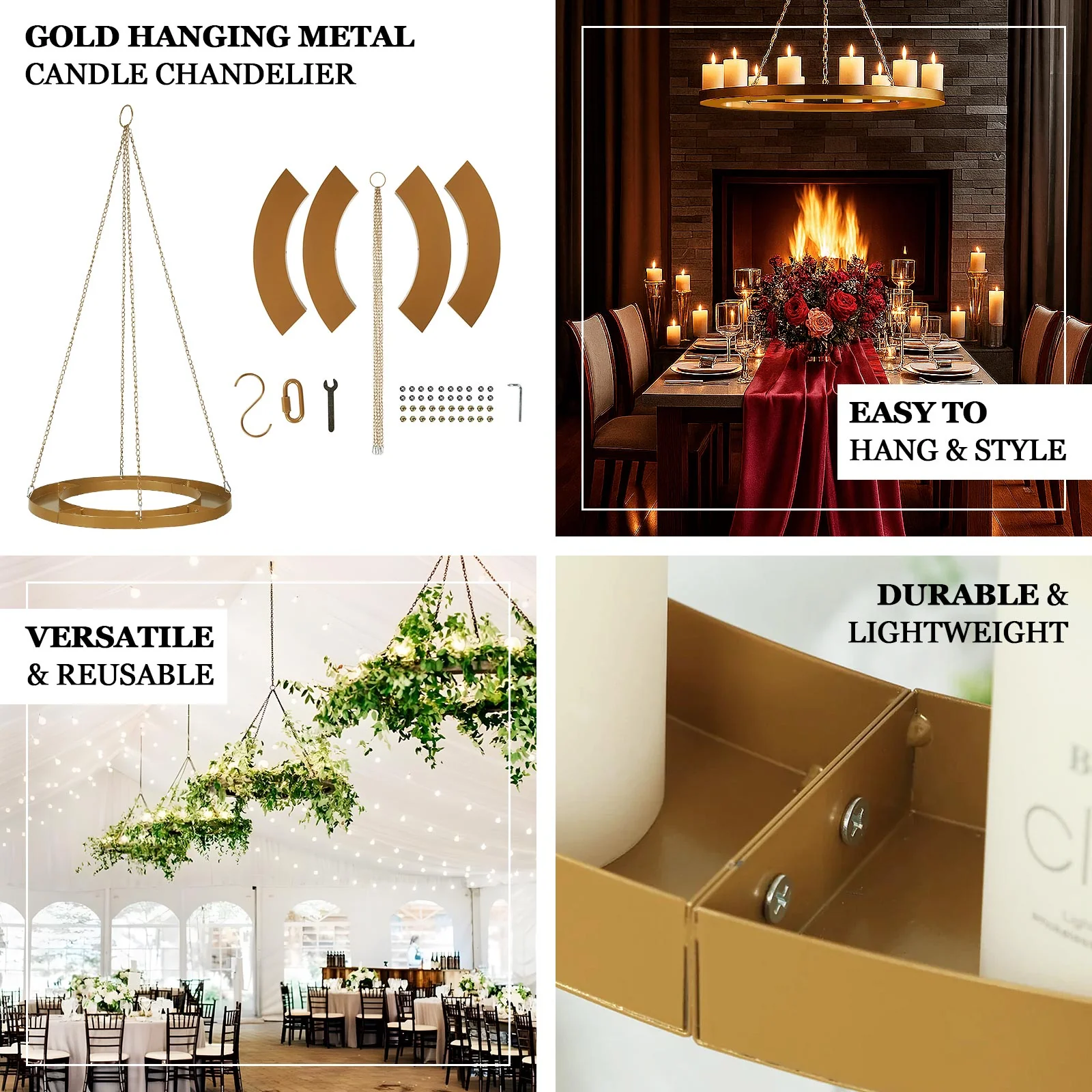 Hanging Metal Floral Chandelier Frame in Gold - Circular Lighting, Candle and Floral Display Base - 32" Round - Image 4