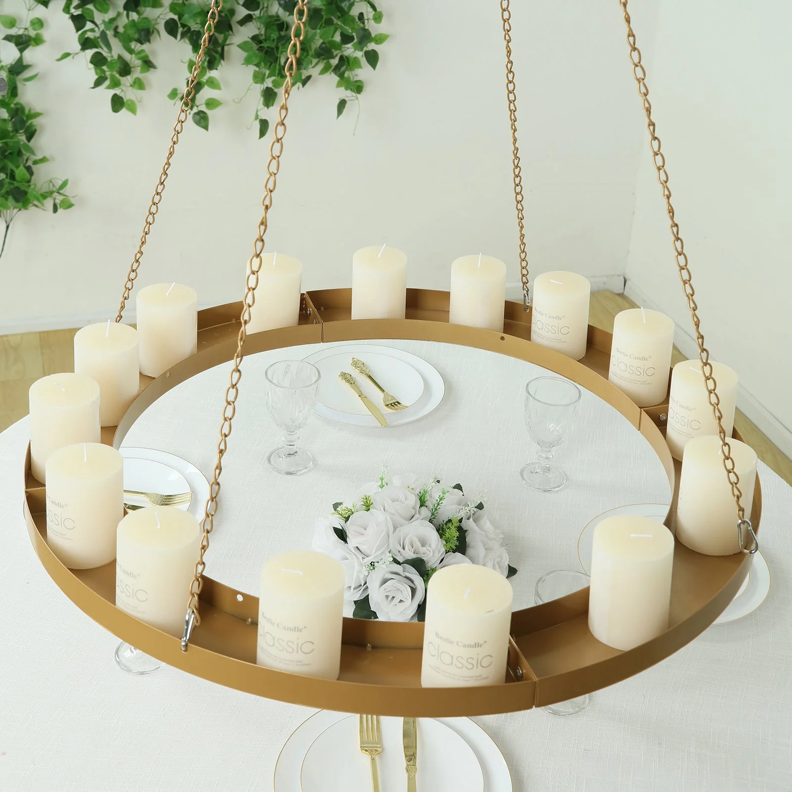 Hanging Metal Floral Chandelier Frame in Gold - Circular Lighting, Candle and Floral Display Base - 32" Round - Image 6