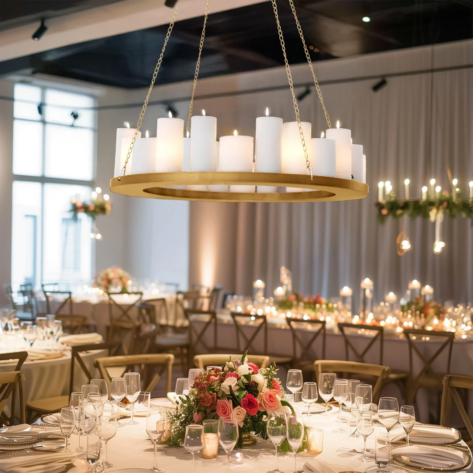 Hanging Metal Floral Chandelier Frame in Gold - Circular Lighting, Candle and Floral Display Base - 32" Round - Image 8