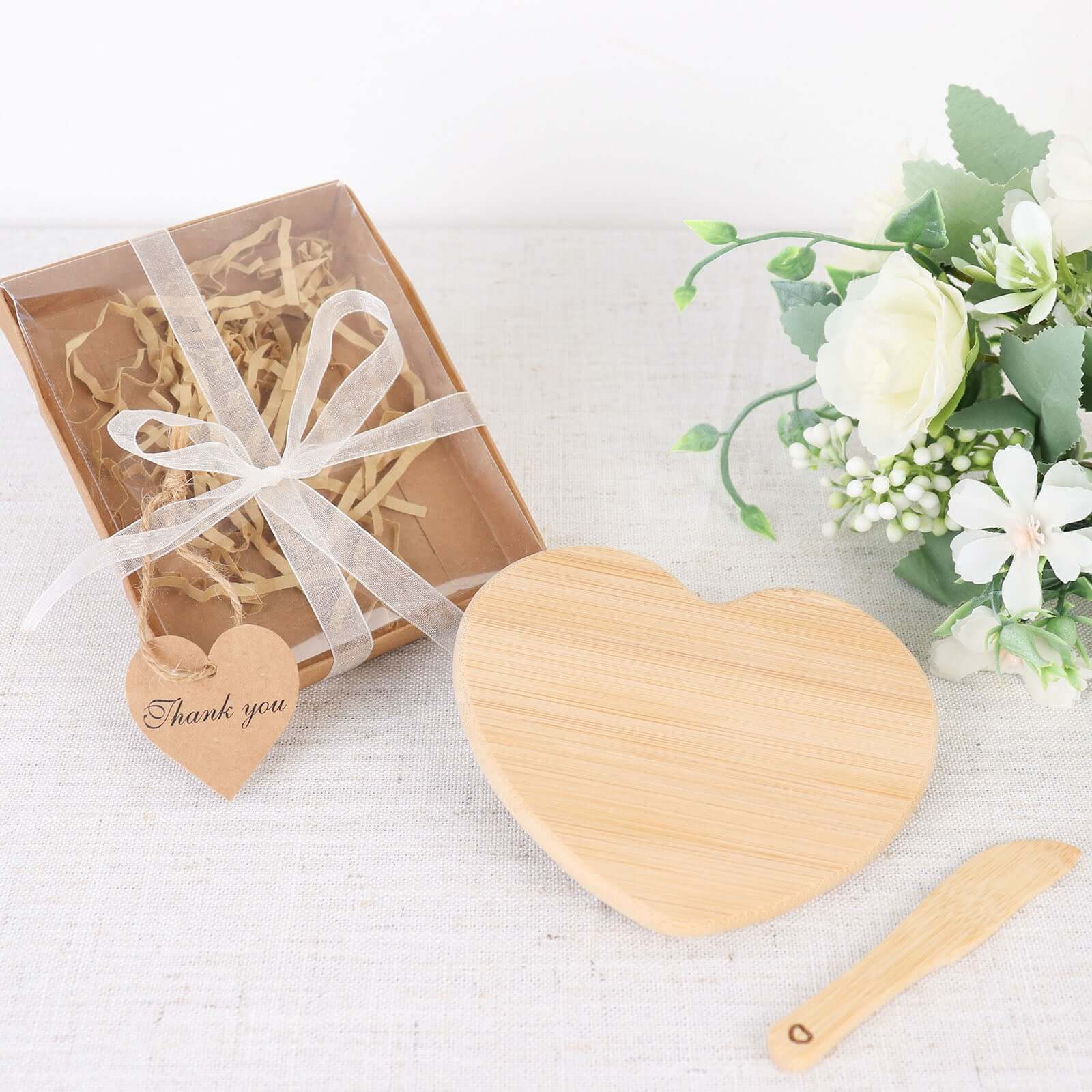 Heart Shaped Bamboo Brie Cheese Board and Knife Set Party Favor with Clear Gift Box, Ribbon & Thank You Tag - Image 2